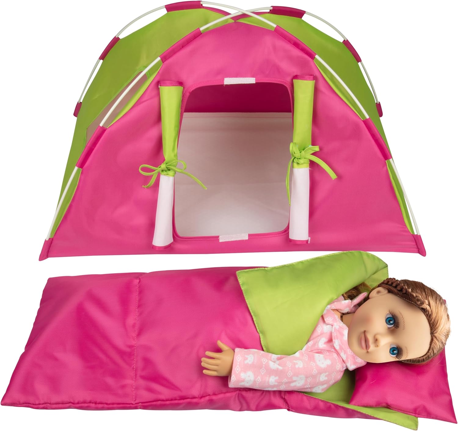 Doll Camping Tent (3 Pc Set) - Includes XL Tent, Sleeping Bag, & Pillow - Handmade, Premium Accessories for 18 Inch Dolls and Stuffed Animals - Large Size 23"x 15"x14" - Compatible with American Girl