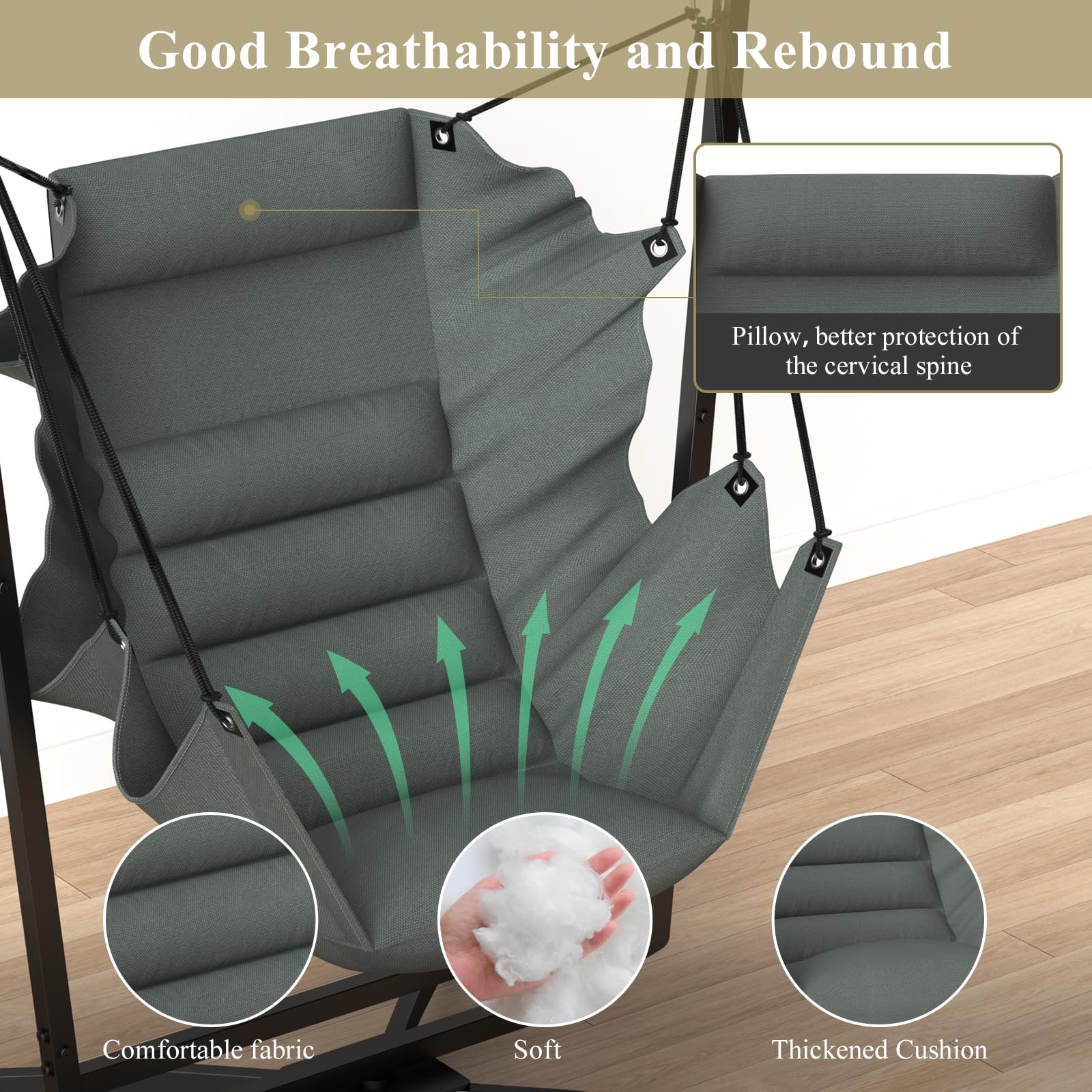 Fauteuil suspendu avec coussin, charge maximale de 180 kg, avec structure, pivotant à 360°, pour l'intérieur et l'extérieur, pour chambre à coucher, terrasse, véranda, terrasse, jardin, balcon (gris)