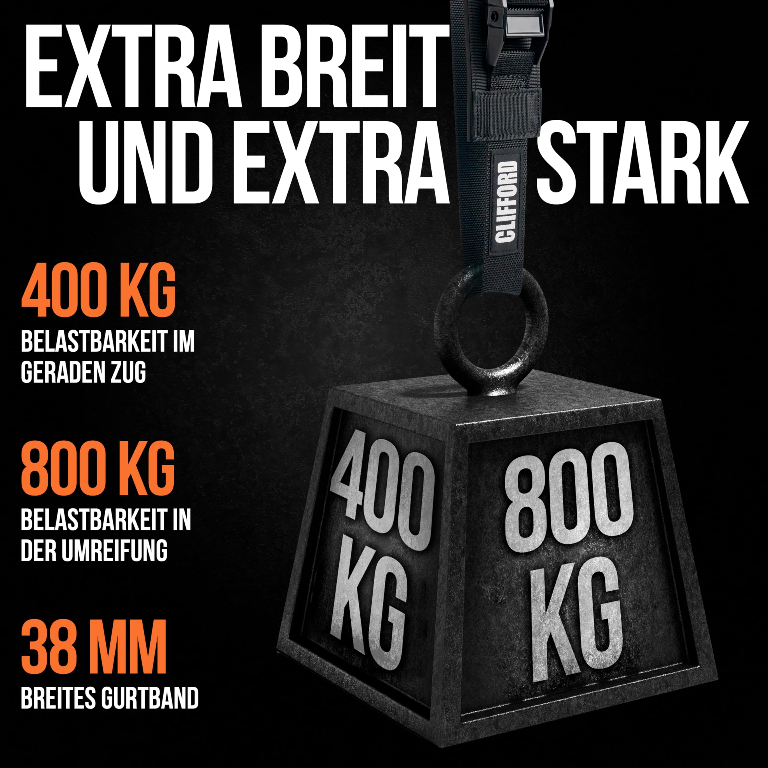 CLIFFORD Sicherheits-Spanngurt Extra Breit 38mm - Druckverteilender Zurrgurt nach EN12195-2, 400kg LC / 800kg Bruchlast, Profi-Befestigungsgurt für Motorrad, Dachbox, SUP, Bauholz, Transport