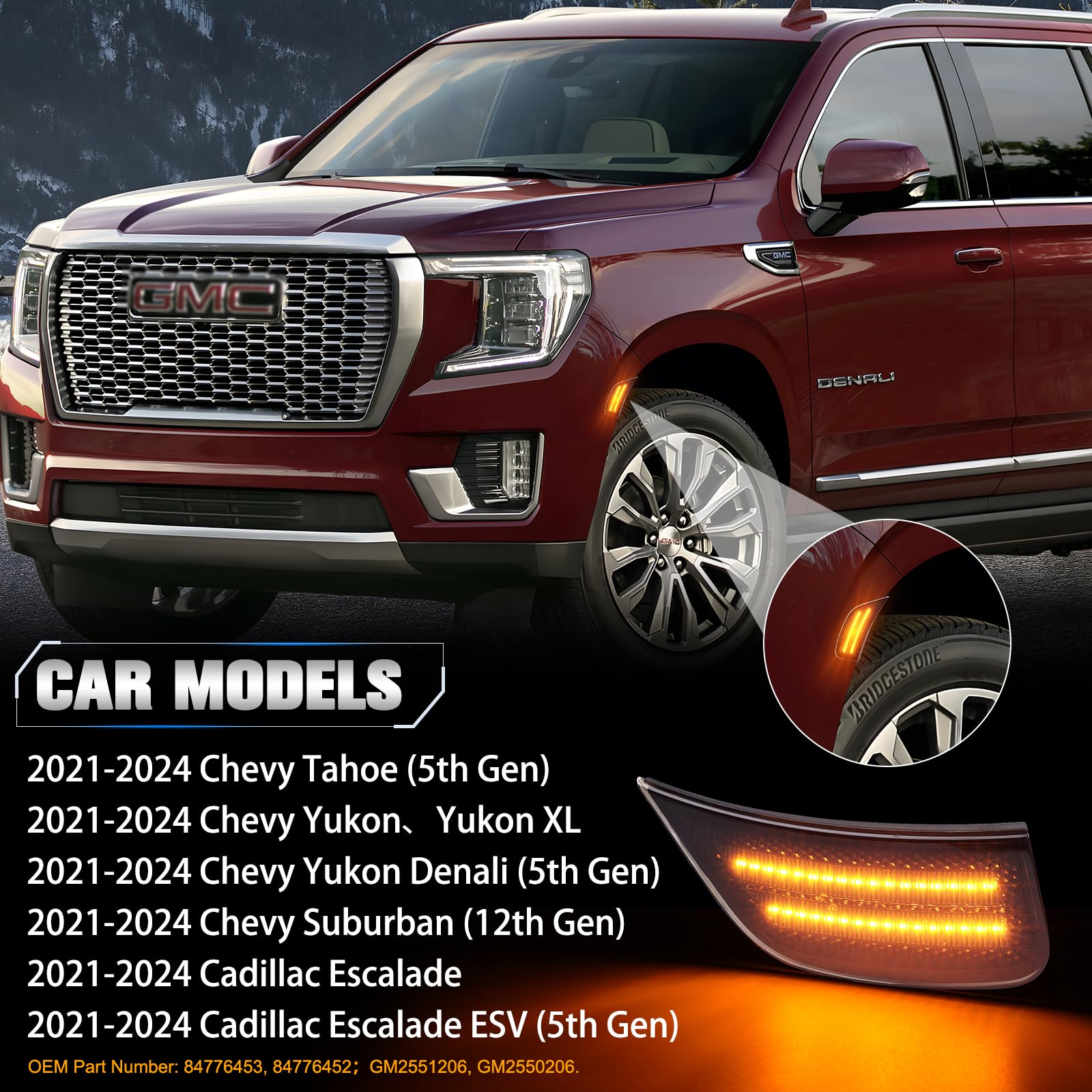 POPMOTORZ Front LED Side Marker Lights Compatible With 2021-2024 Chevy Tahoe/Yukon/Suburban/Cadillac Escalade Front Fender LED Side Marker Lamps Bumper Lights Smoked Lens Amber LED 2 Pack