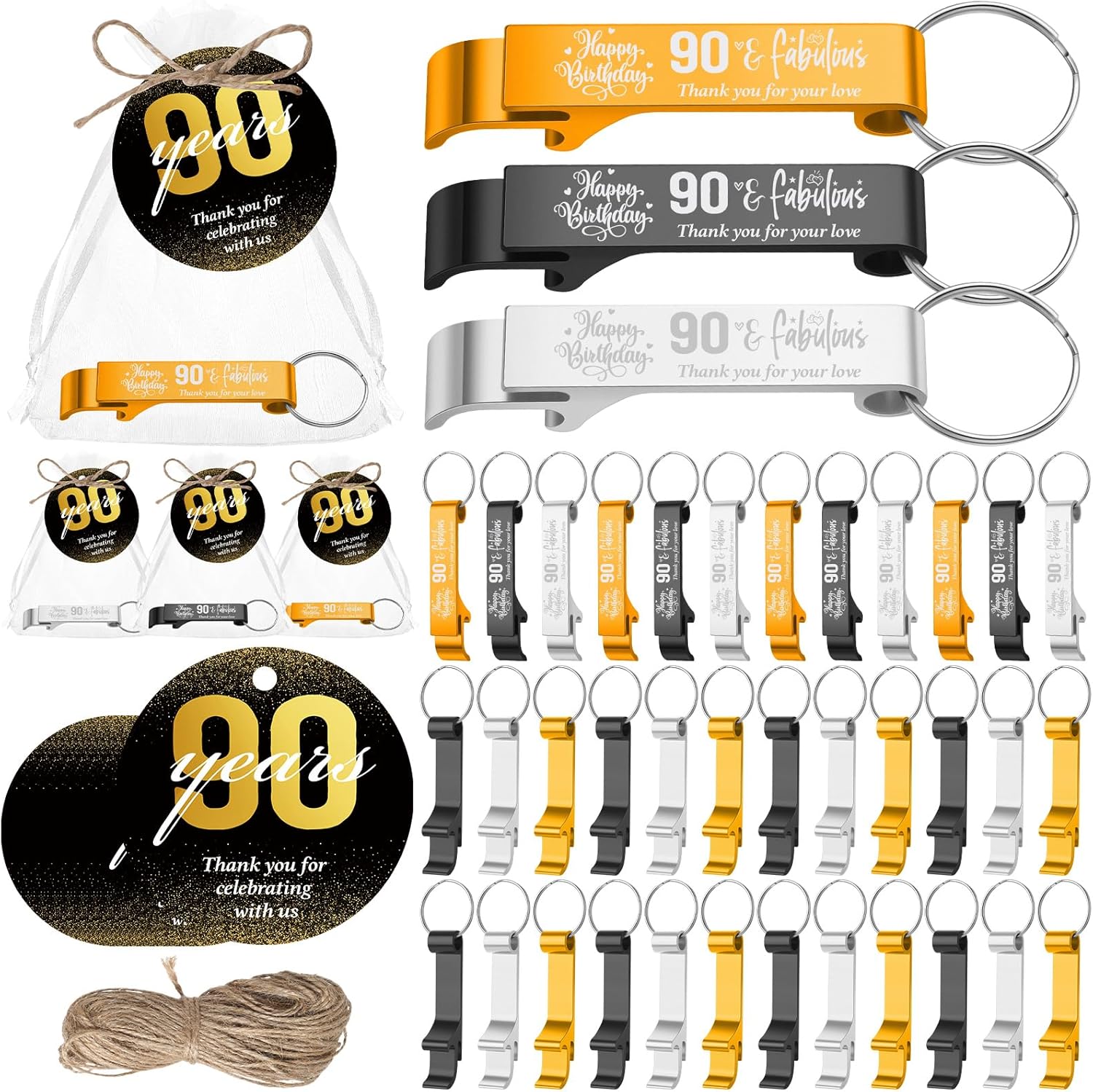 Dandat 54 Sets 90th Birthday Party Favors for Guests Birthday Beer Opener Keychain Cheers to 90 Bottle Opener Keychain with Thank You Cards and Gift Bags for Anniversary Wedding Party Favors
