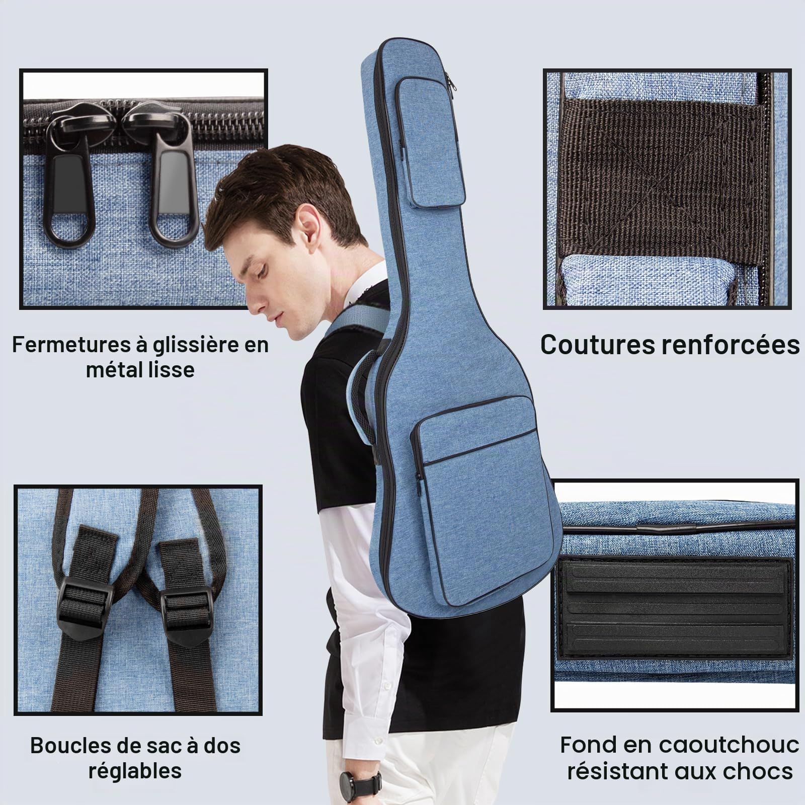 Sac Étui souple de guitare électrique de 39 pouces, rembourré 11 mm, étanche avec poches, bleu