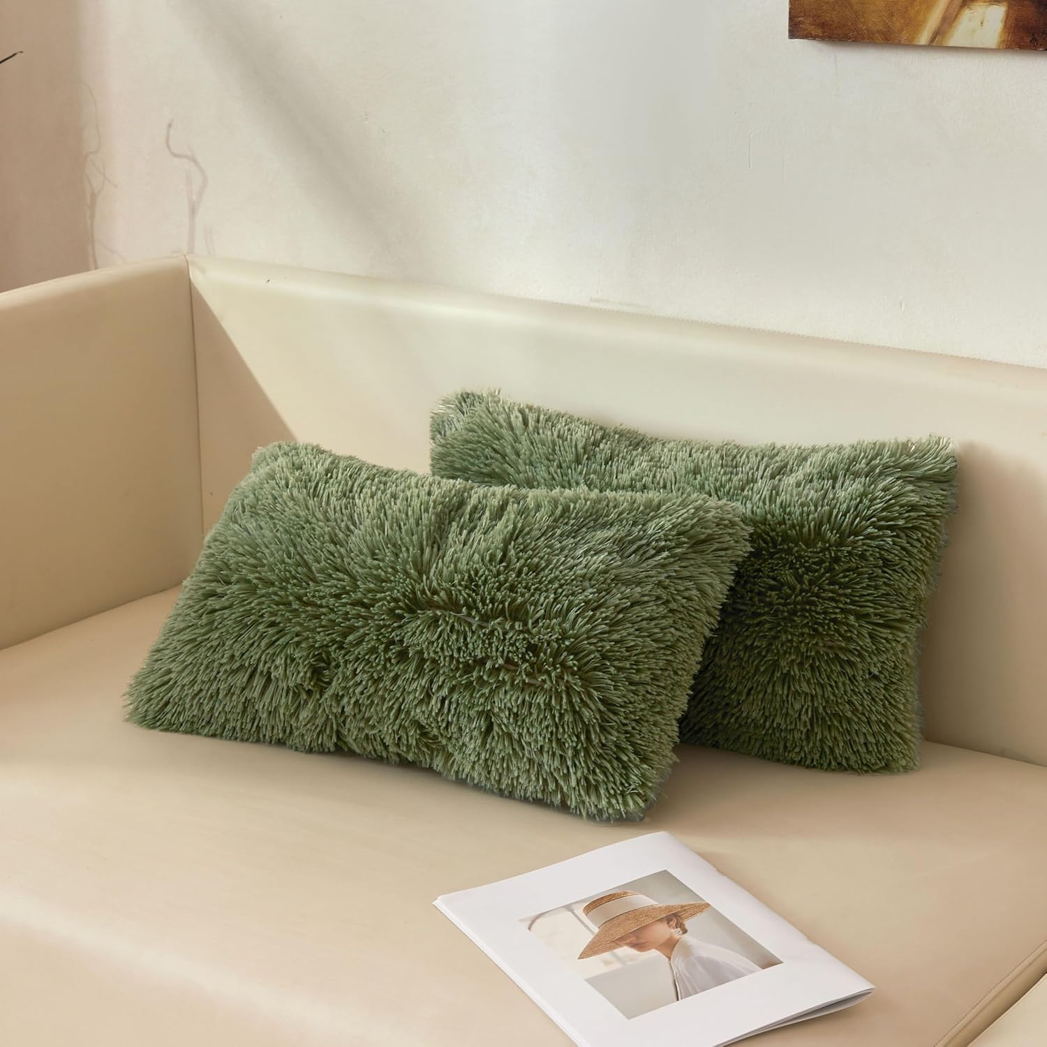 XeGe 12x20 Fluffy Faux Fur Throw Pillow Covers 2 Pack, Shaggy Fuzzy Cozy Moss Green Lumbar Support Pillowcases with Zipper, Plush Furry Long Pillow Cases for Bedroom Living Room Couch Sofa, Sage Green