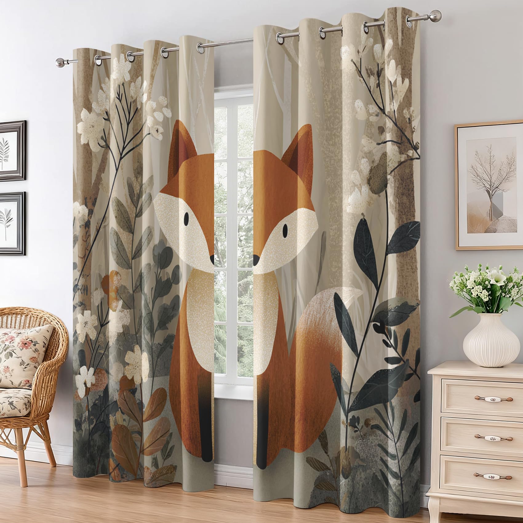 Generisch Blickdichte Vorhänge Cartoon-Fuchs, Wohnzimmer Schlafzimmer Deko, Pflanzen Blumen Fuchs Kinder Gardinen mit Ösen, Thermo Verdunklungsvorhänge 2er Set H137 x B117 cm pw&93