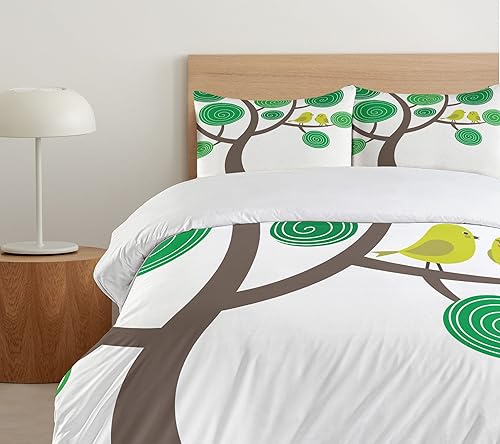 Miniatura 5 de Ambesonne Juego de funda de edredón con diseño de pájaros, coloridos pájaros amarillos sobre árbol verde y marrón, caricaturas, divertido romántico,