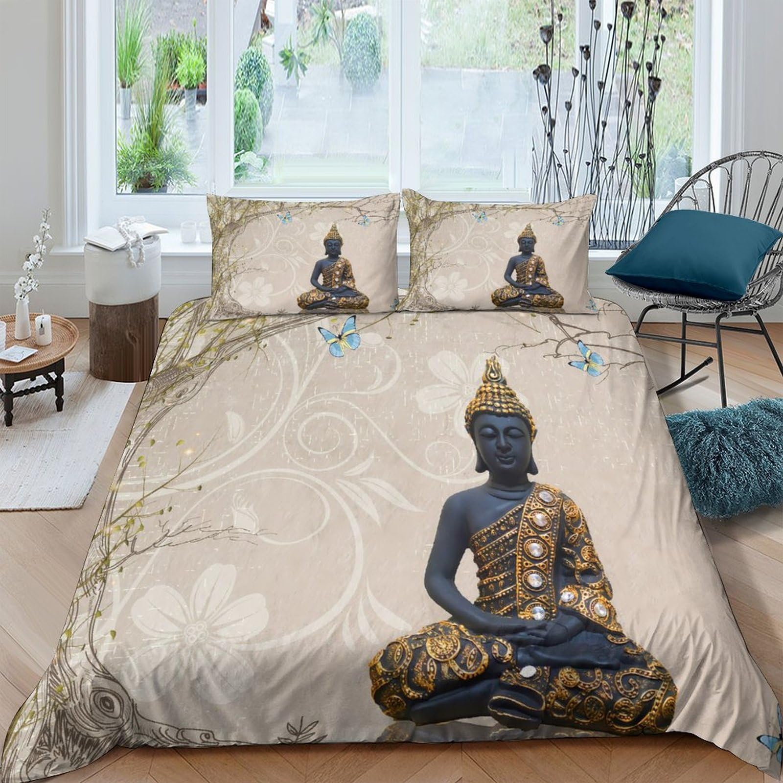 GPLZQXKJNH 3D Printed Buddha Statue Duvet Cover Microfiber Soft Breathable Mandala Pattern Bedding Set with 2 Pillowcases for Bedroom Decor Single（135x200cm）
