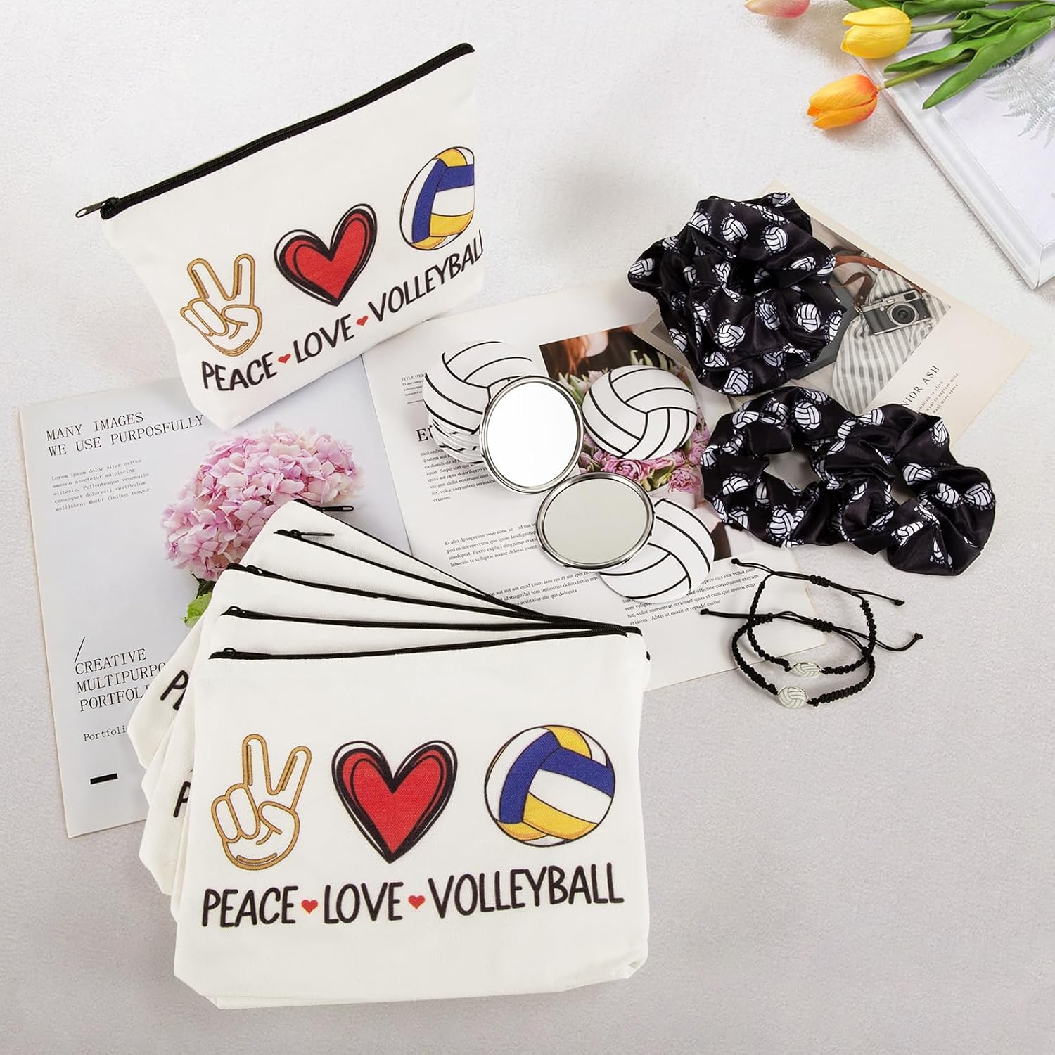 NUMJAW 48 Pcs Volleyball Team Gifts Bulk Volleyball Gifts Inspirational Gifts for Women Players,Volleyball Charm Bracelets,Volleyball Makeup Bags,Volleyball Compact Mirrors,Volleyball Hair Scrunchies