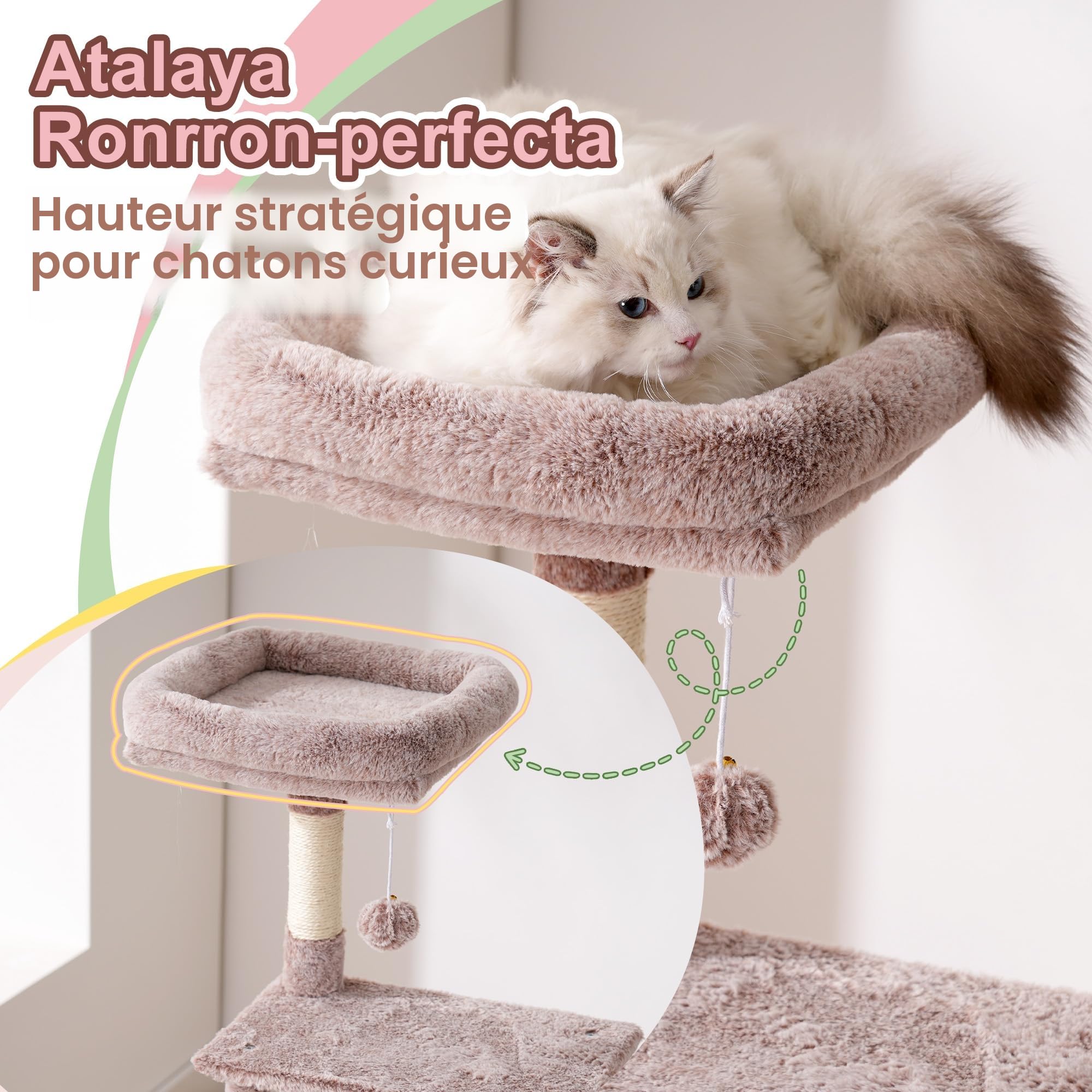 Heybly Arbre À Chat, 125 Cm Petit Arbre avec Niche, Plateforme Douce, Griffoir en Sisal, Panier Et Structure en Acier Robuste, Marron Beige HCT200SMU