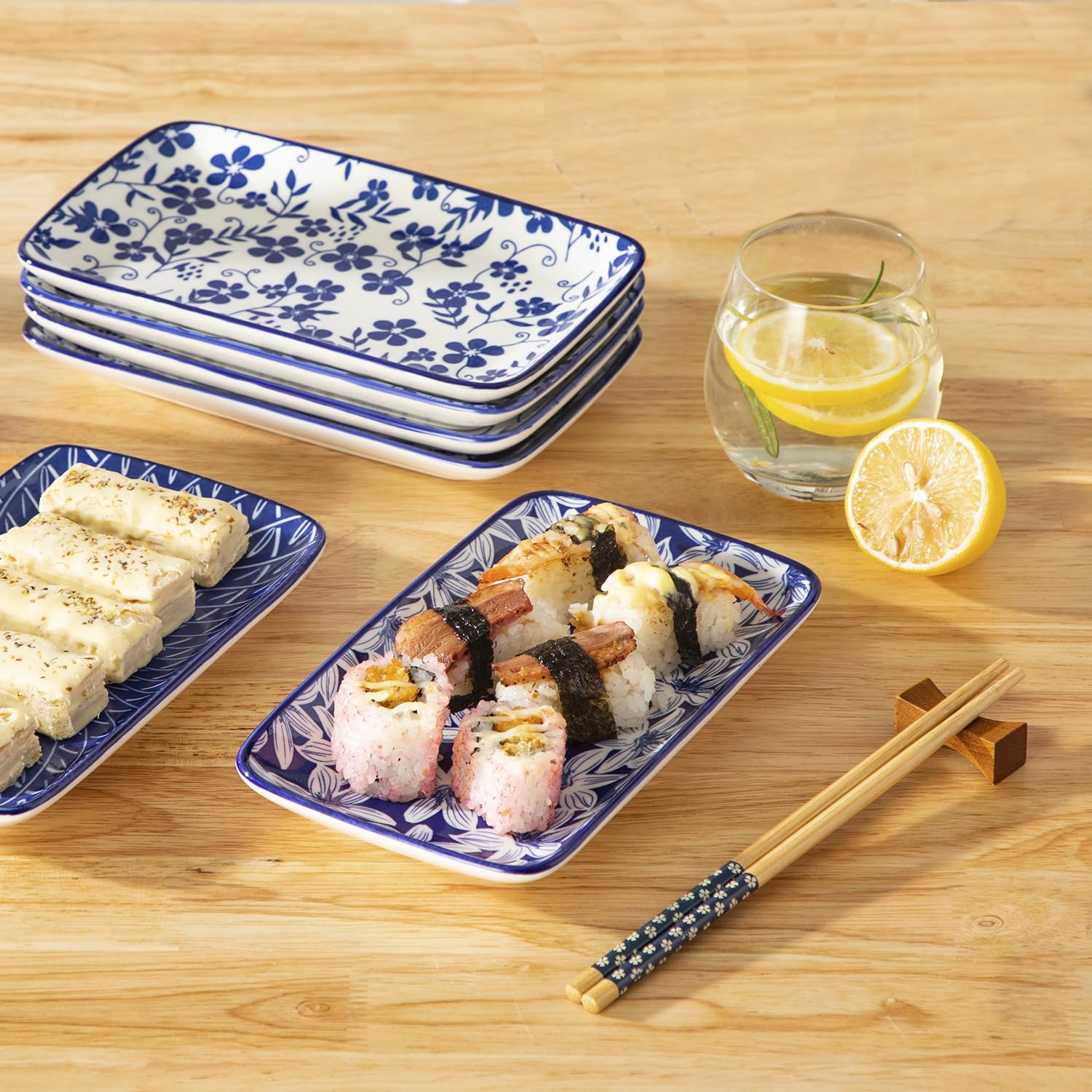 vancasso SELENE Juego de 6 Platos Pequeños para Servir - 22 x 13 cm Platos Rectangulares Para Postres, Sushi, Aperitivos - Apto para Microondas - Estilo A Azul y Blanco Chino