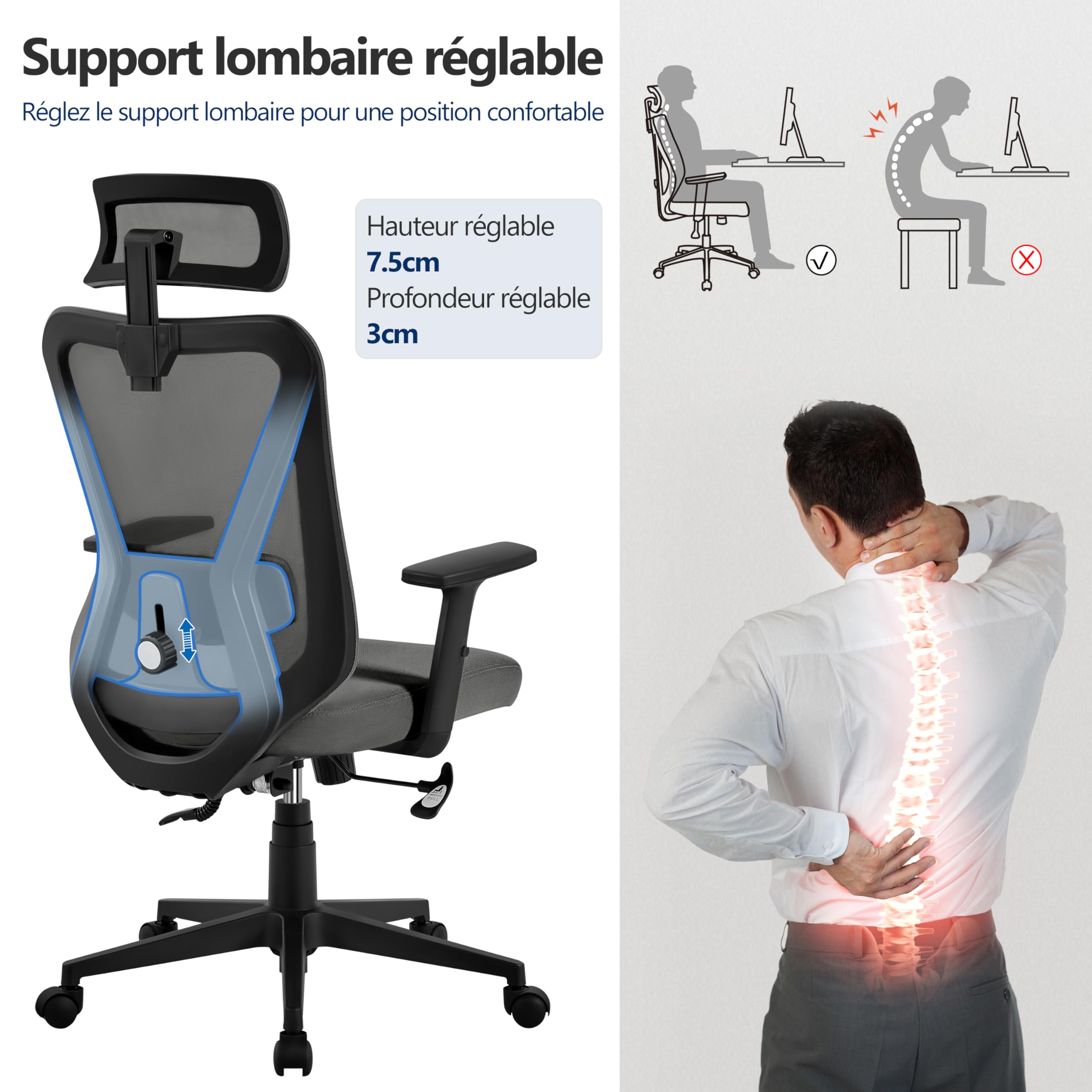 Yaheetech Chaise de Bureau Ergonomique Inclinaison Verrouillable Fauteuil de Bureau en Maille avec Support Lombaire et Appui-tête Accoudoirs Réglables roulettes Pivotantes Charge 136 kg Noir
