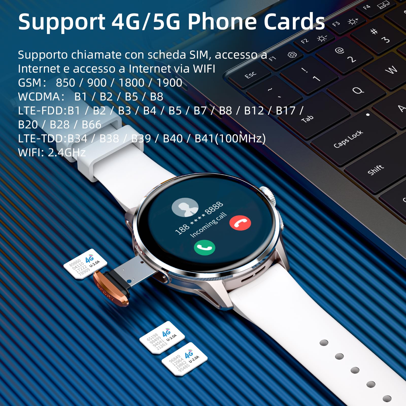 LOKMAT Scheda SIM 4G Android Smart Watch, schermo grande AMOLED da 1,6 pollici, 3 GB + 32 GB, smartwatch per uomini e donne con fotocamera girevole, WiFi, GPS, orologio fitness tracker (argento)