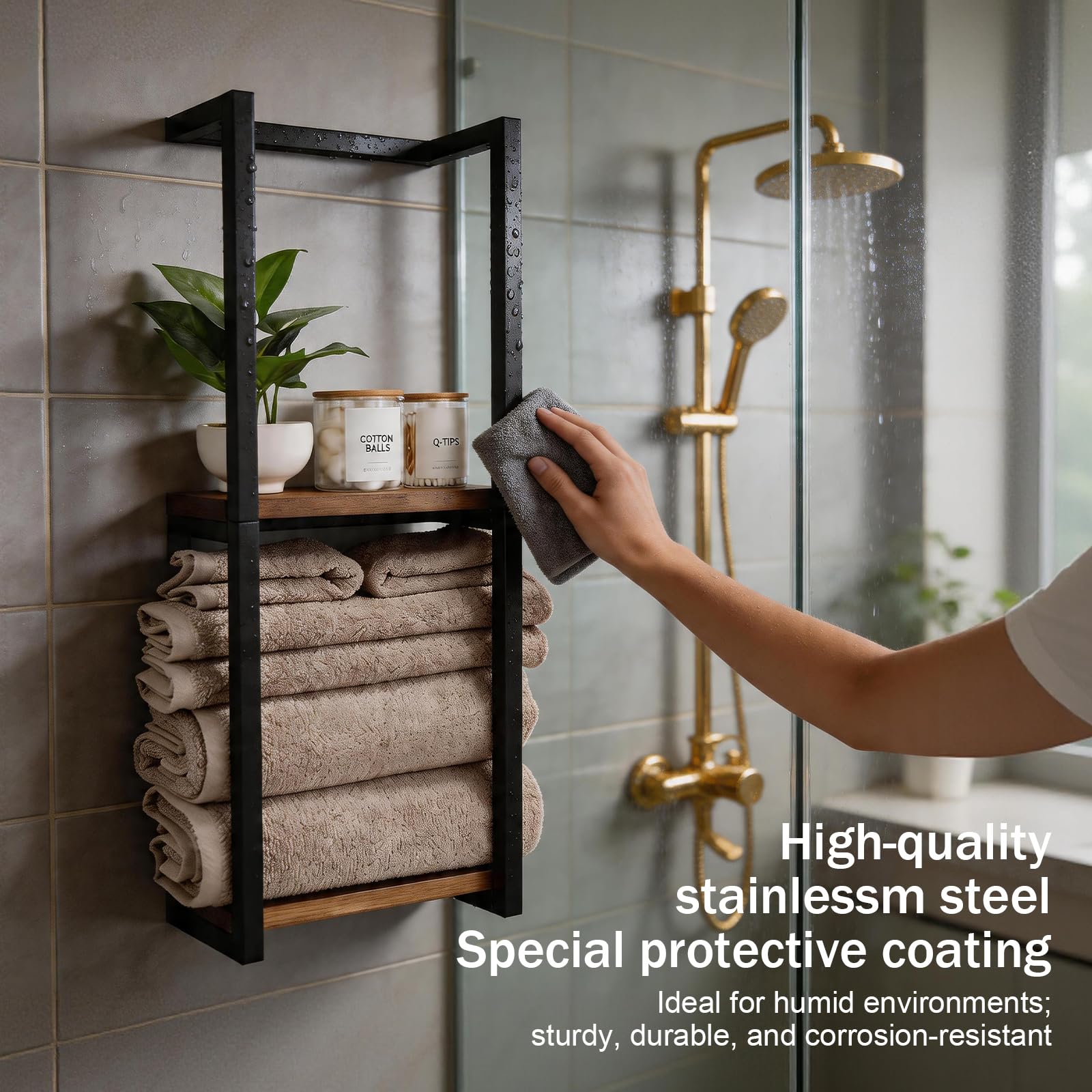 Toallero de pared para toallas de baño, toallero vertical para almacenamiento, estante de baño de metal inoxidable para hasta 8 toallas, almacenamiento de toallas para baño pequeño, color negro