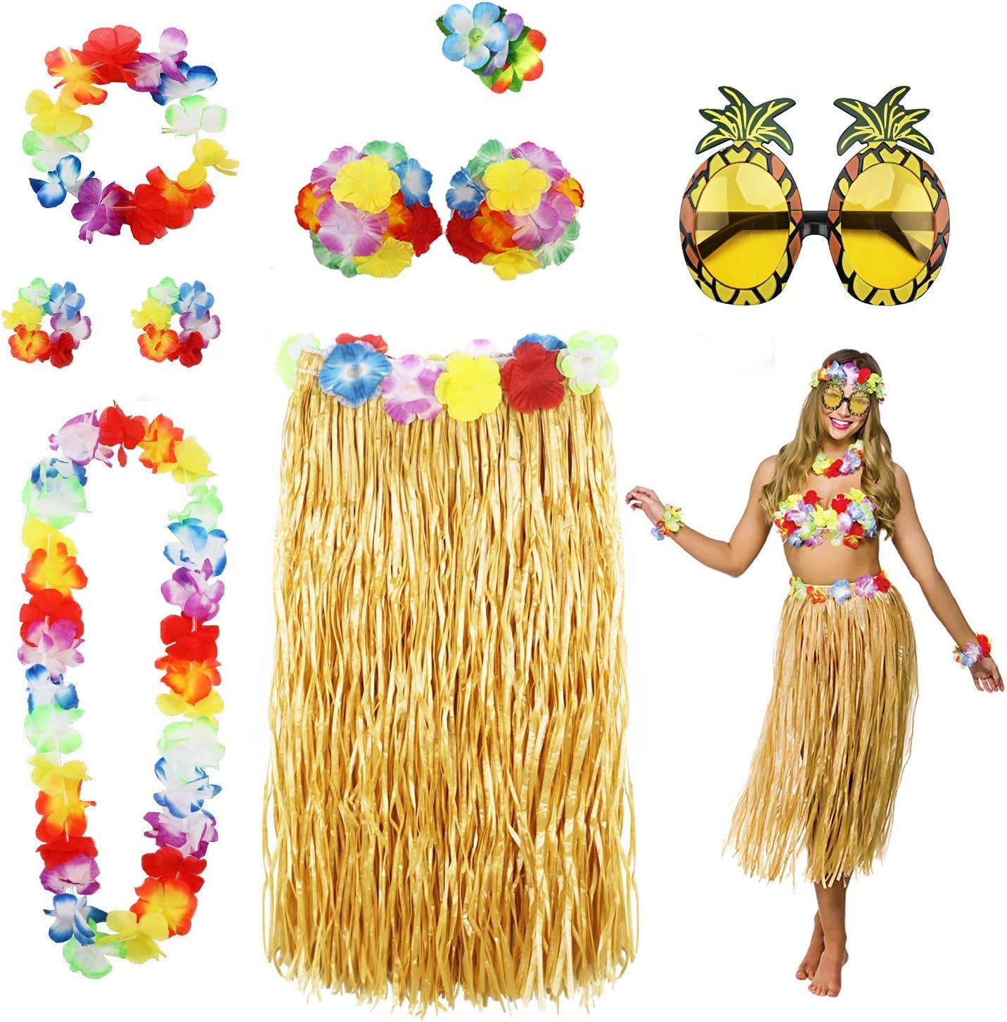 – Grass Skirt Hawaiian, Azonee 8 Pack Hawaiian Party Costume, Party Dance Skirt, Tropical Beach Party Outfits Kit, for Dance Performance Party Decorations Favors Supplies, 60 cm
