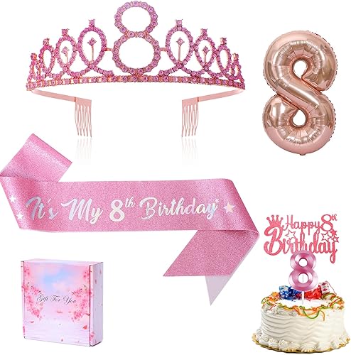 Juego de velas y tiara de cumpleaños número 8, corona de diamantes de imitación con diseño de texto en inglés "It's My 8th Birthday", globos de