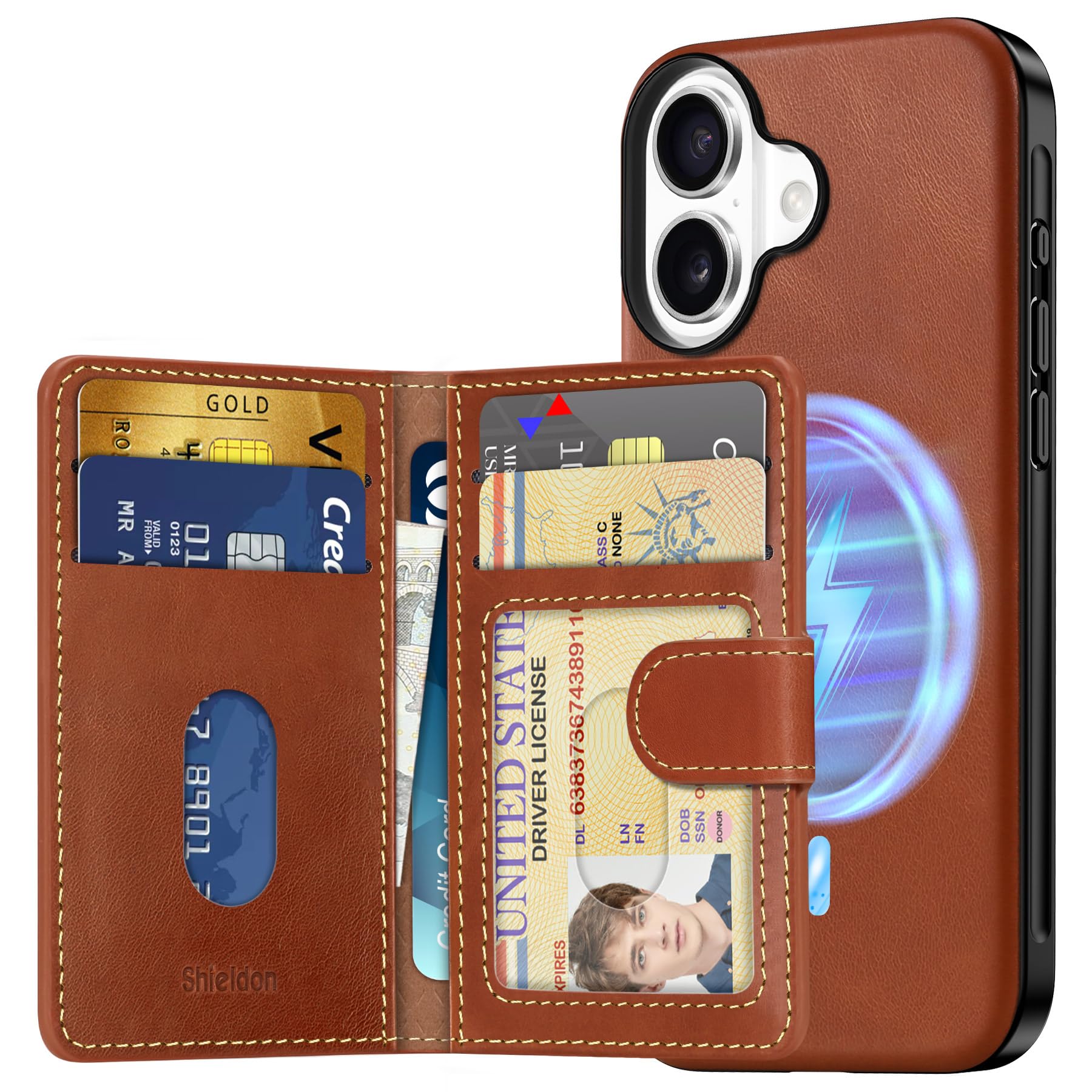 SHIELDON Hoesje voor iPhone 16 Pro Max 6,9 inch, echt lederen portemonnee hoesje met [kaartsleuf] [Kickstand] [RFID-blokkering] [Schokbestendige TPU Shell] Beschermhoes compatibel met iPhone 16 Pro