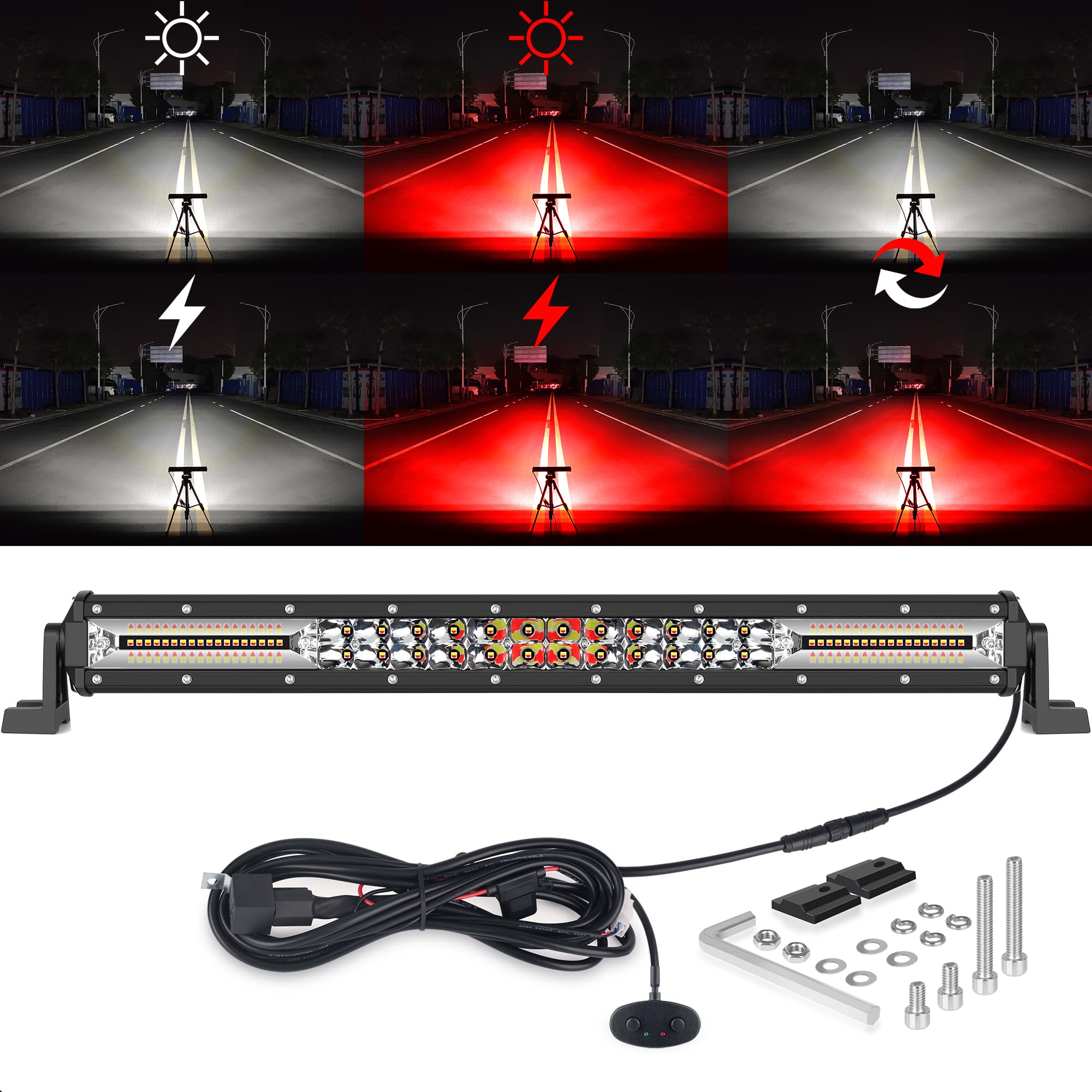 20 Inch White Red LED Light Bar 5 Modes Dual Color Flashing Strobe Driving Lights Spot Flood Combo Off Road Auxiliary Fog Light for Trucks SUV ATV Boat 4x4 with Special 10FT Wire Harness