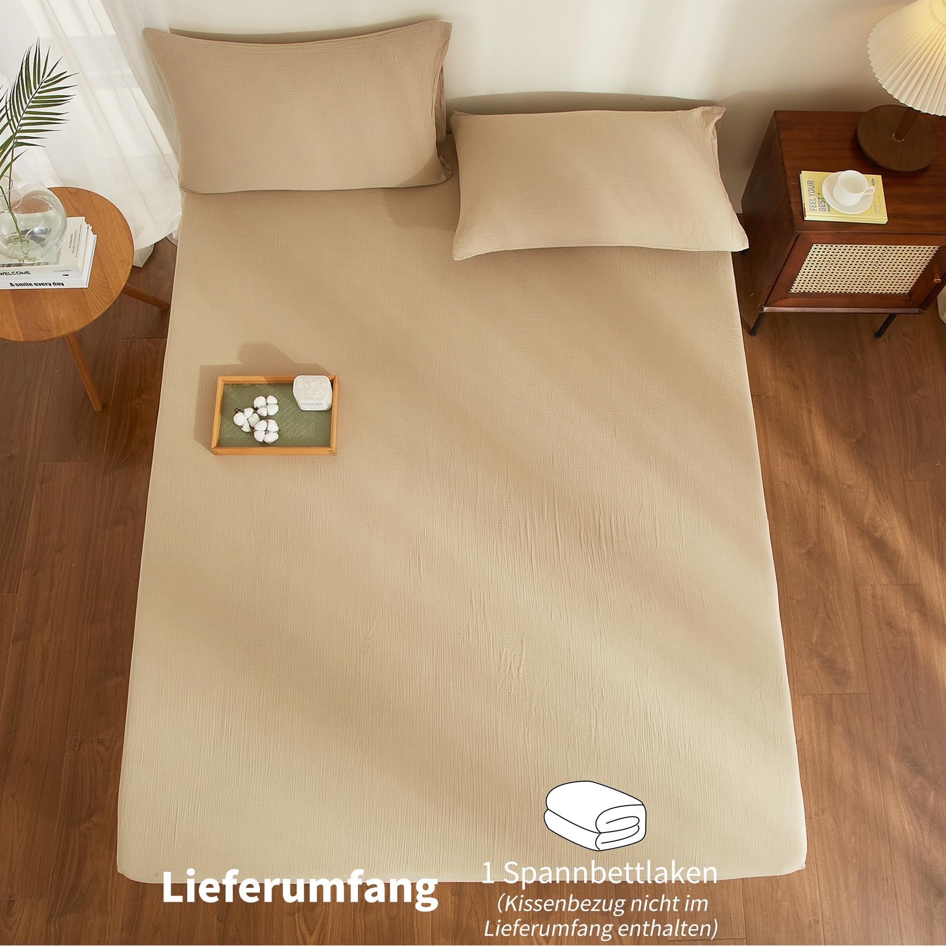 Sábana bajera ajustable doble de muselina de 180 x 200 cm, 100 % algodón, color caqui, 180 x 200 cm, de algodón, suave, transpirable, acogedora, adecuada para colchón de 30 cm