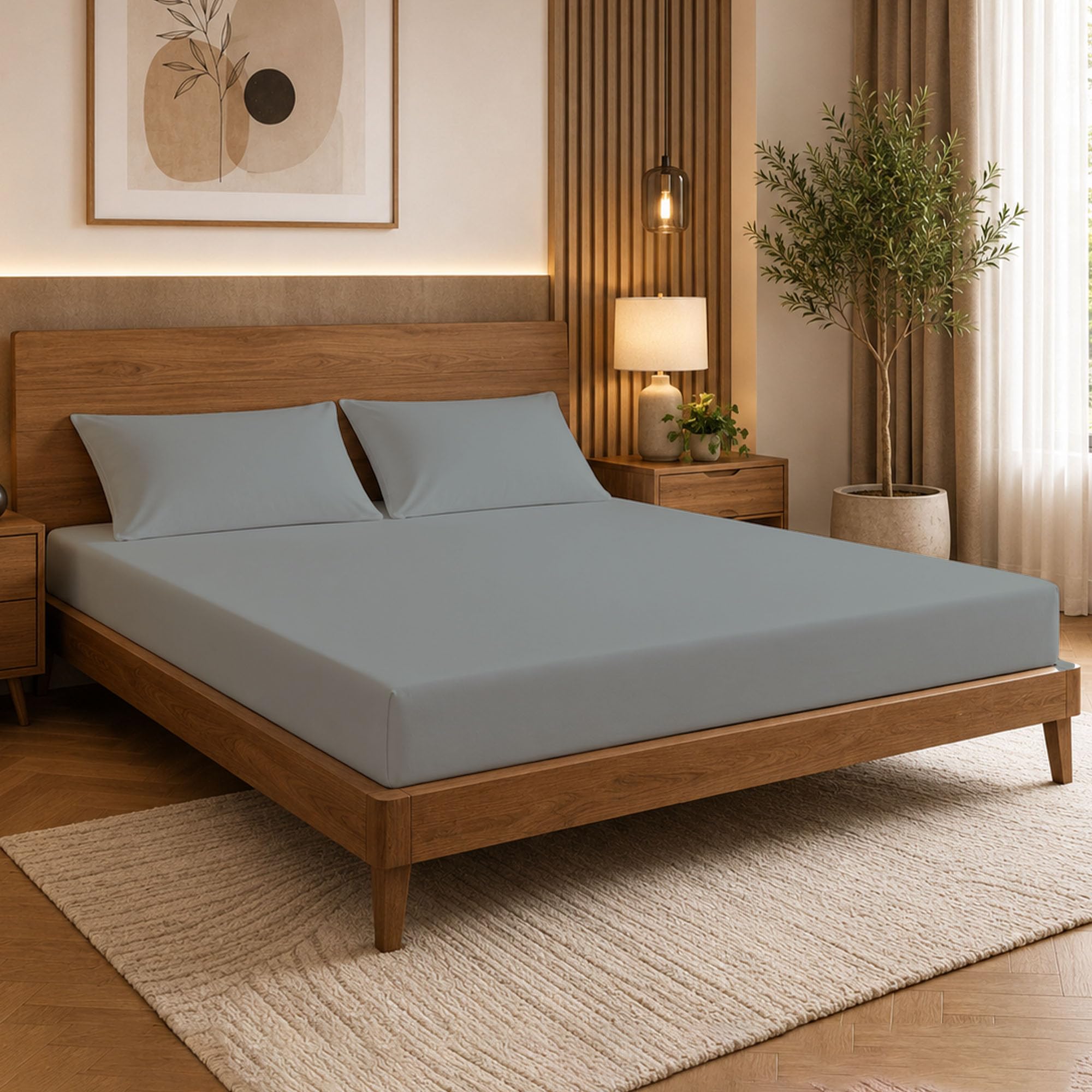 Reliancebedding Grey 3Pcs Double Fitted Sheet Set 100% Cotton 400Tc 25Cm Deep Pocket