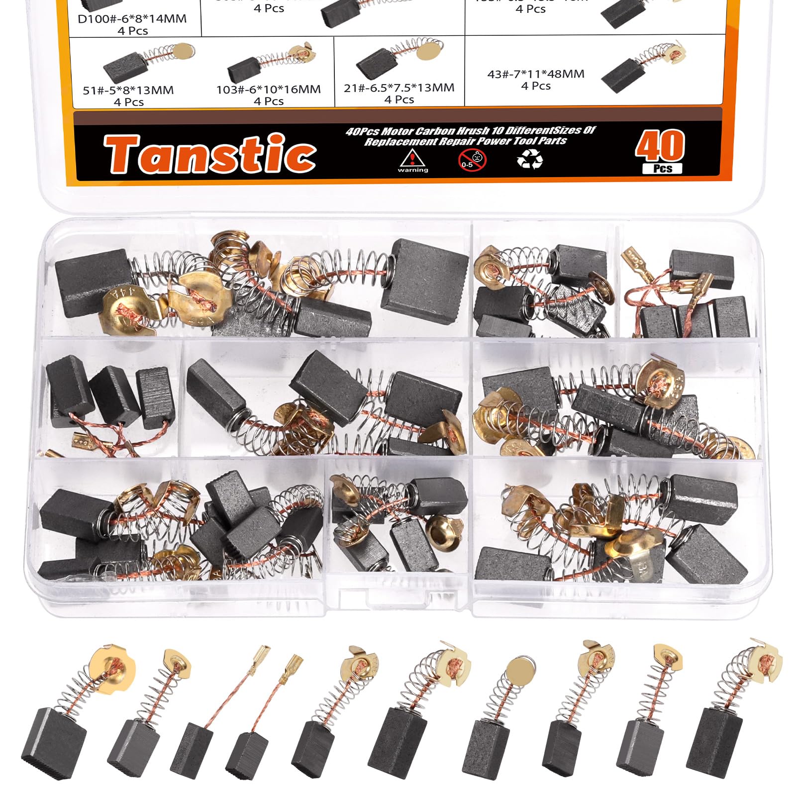 Tanstic 40Pcs Electric Motor Carbon Brushes 10 Different Sizes Carbon Brushes for Replacement Repair Power Tool Part