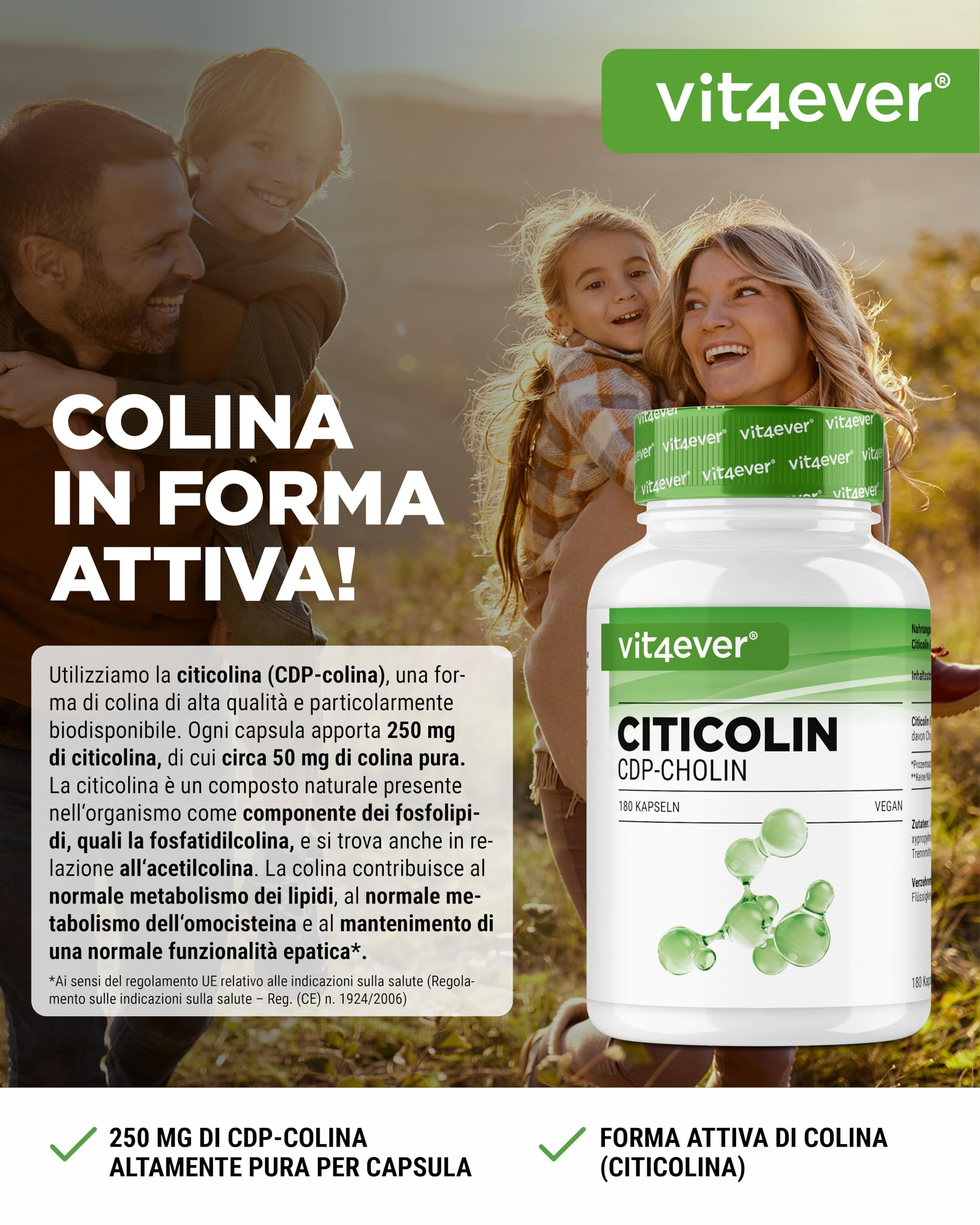 vit4ever CDP Choline (Citicoline) 250 mg - 180 Gélules - Hautement Dosé et Forme Bioactive de Choline - Vegan, sans additifs inutiles