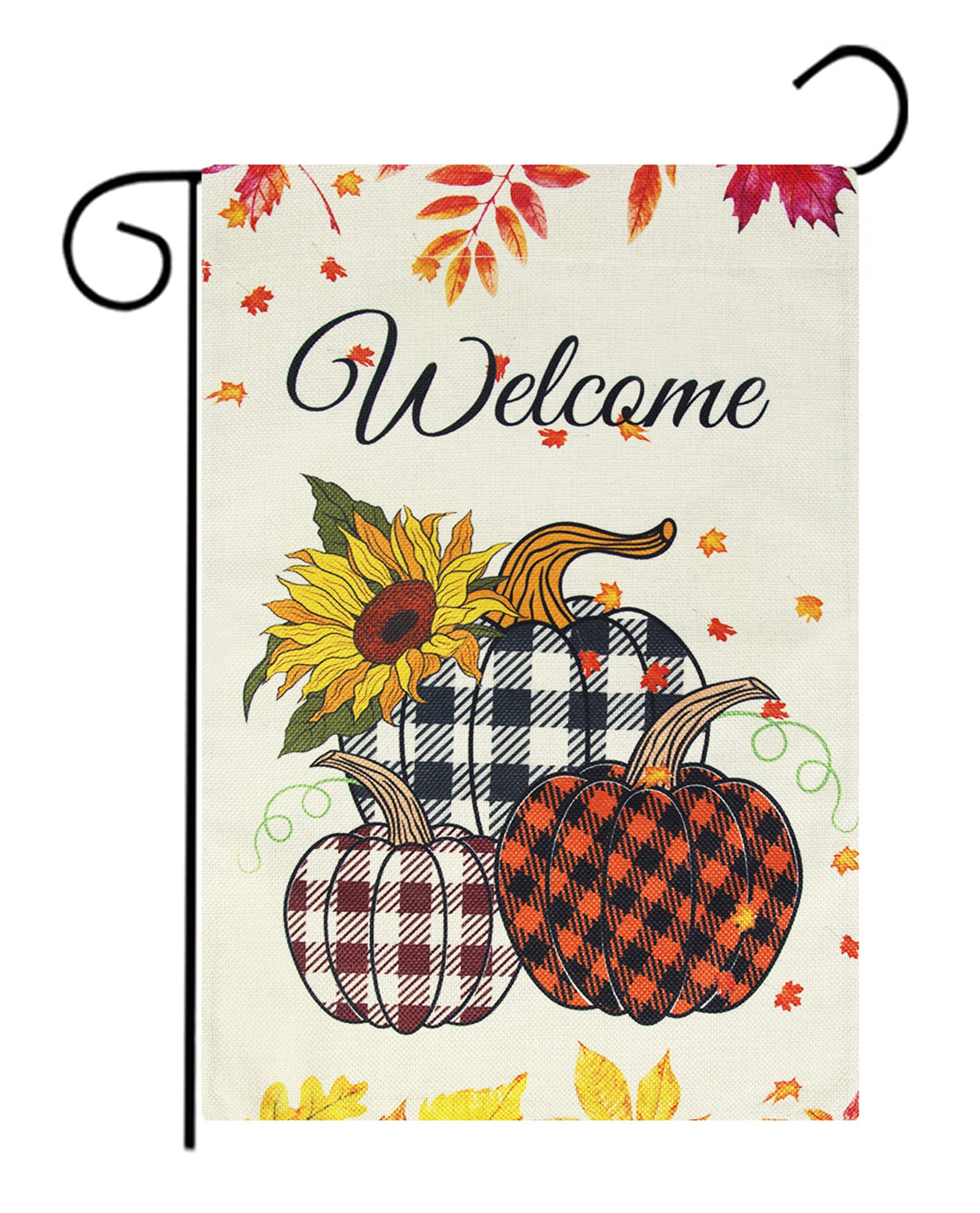 Roberly Welcome Fall Garden Flag, Autumn Buffalo Check Pumpkins Fall Flag with Fall Leaves Sunflowers Vertical Burlap Double Sided for Outdoor Rustic Farmhouse Yard Thanksgiving Decoration (12.5" x 18")