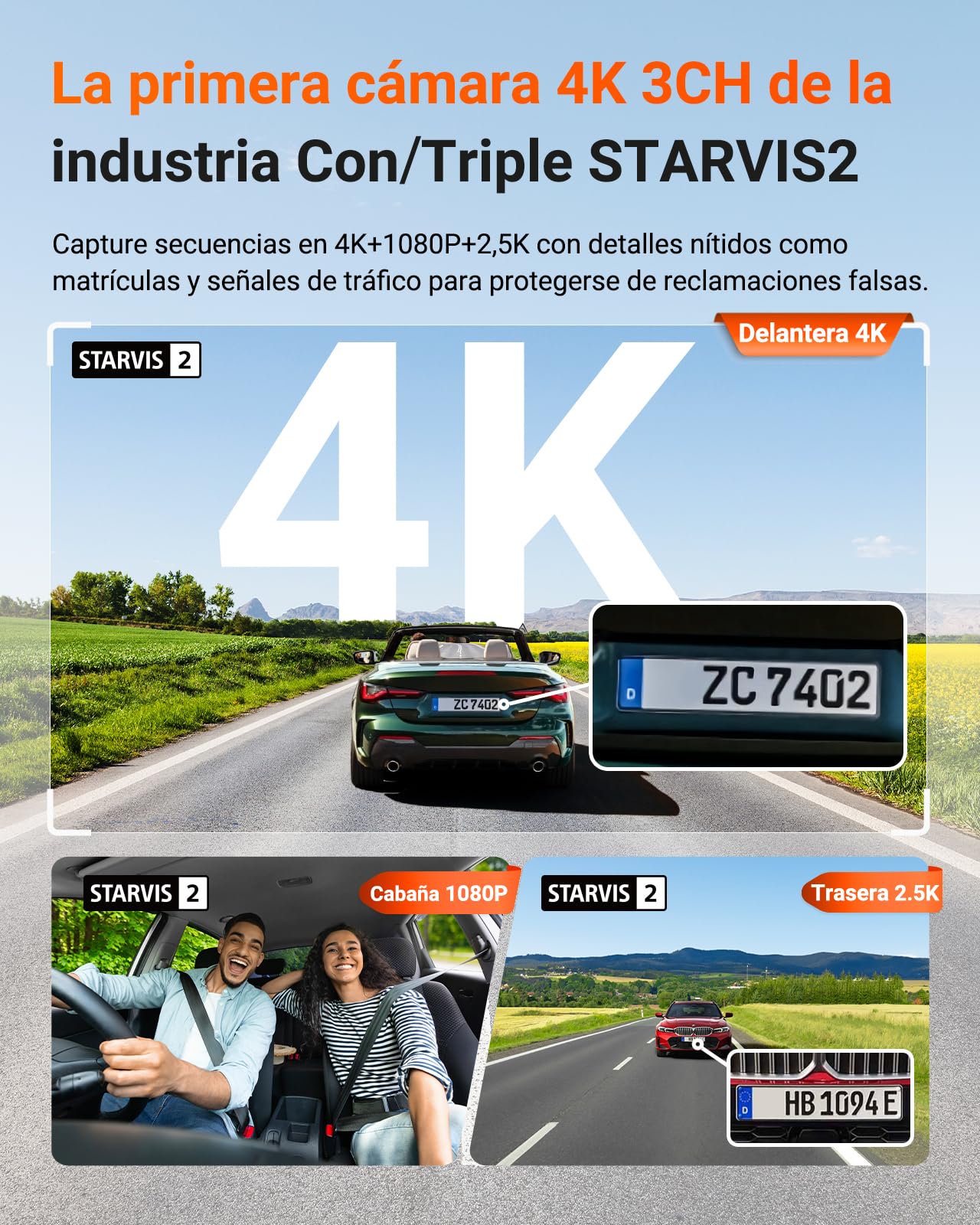 VANTRUE N4 Pro S Dashcam STARVIS 2 4K+ 1080P+ 1440P, 5GHz WiFi PlatePix™ Dash CAM GPS 360° HDR Buffer Monitor de Aparcamiento Cámara de Coche, visión Nocturna, Comando de Voz, LTE Opcional