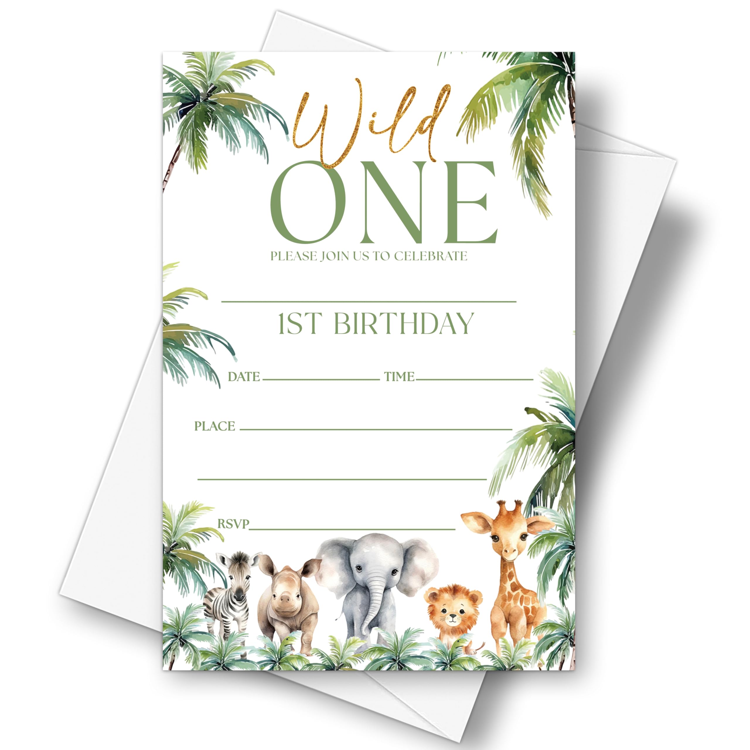 GOLRMC Wild One Birthday Invitations, 1st Safari Jungle Animals Invitation Card for Girls Boys, 20 Birthday Invites with Envelopes for Party Supplies