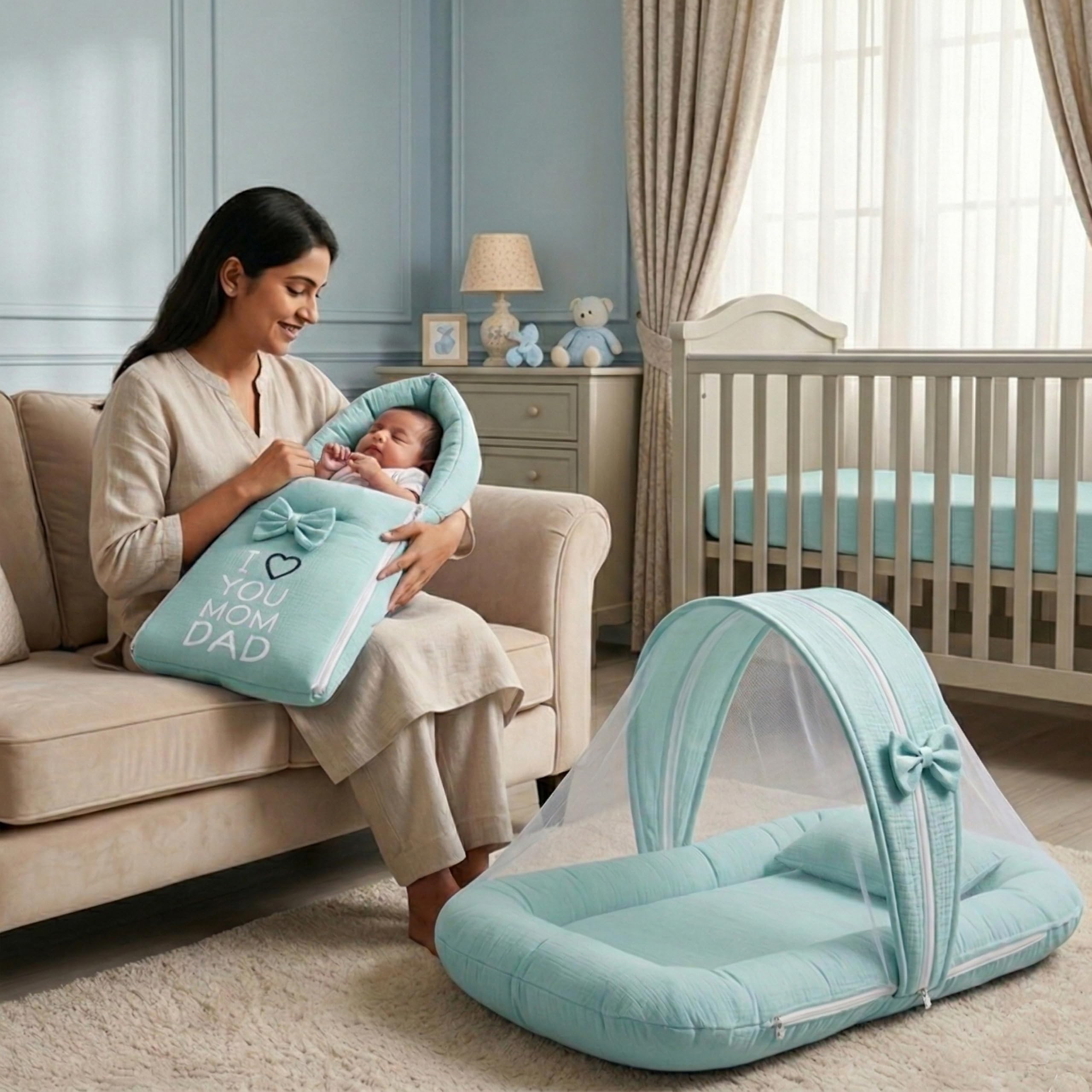 Infantbond by fareto Baby 100% Muslin Cotton Bedding Set Combo | Baby Bed | Baby Carry Bag | Gift for Infants 0-6 Months(Green net sl)-image-33