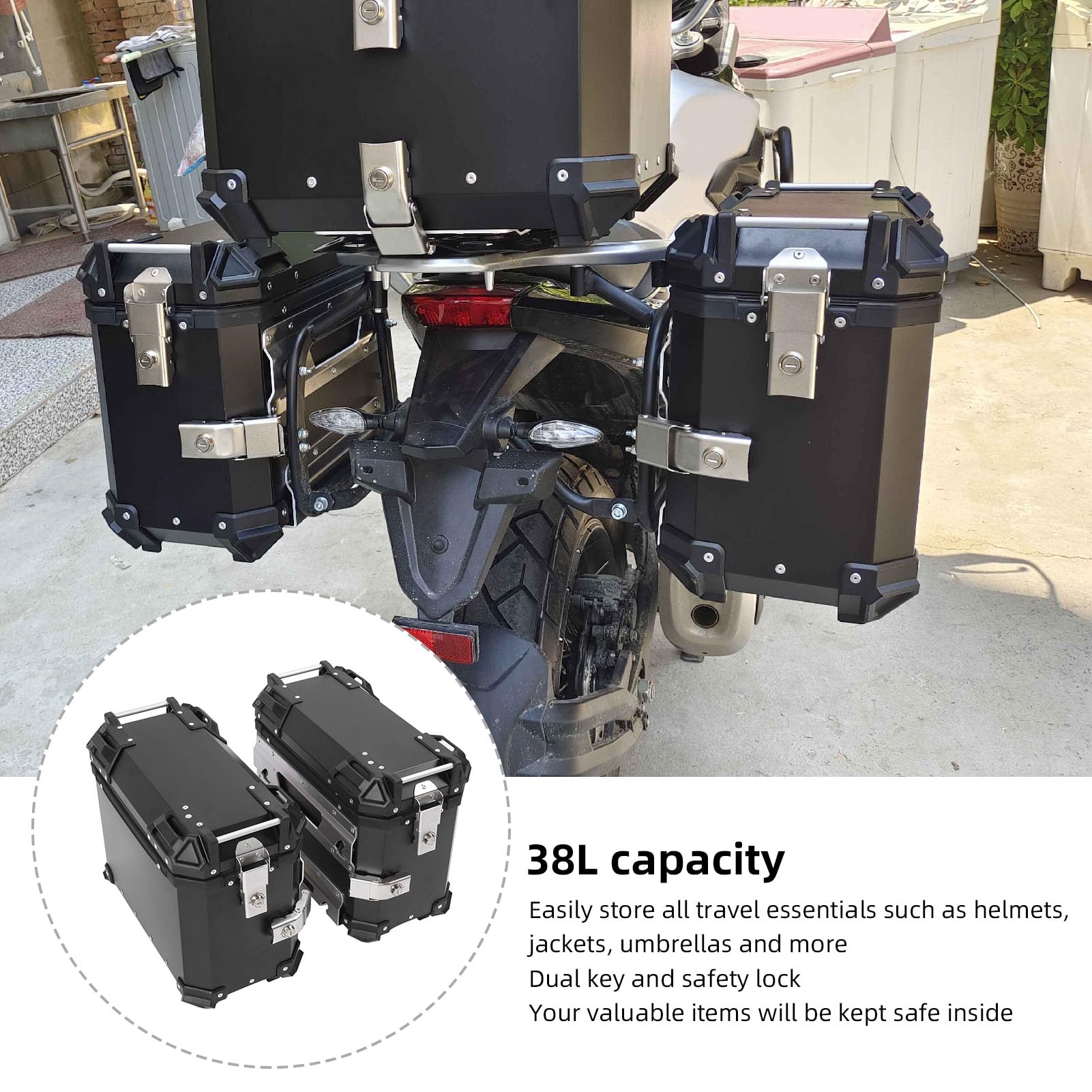 Keenso Kufer Boczny Motocykla Boczny Schowek na Motocykl ze Stopu Aluminium Twarda Torba Podsiodłowa 38 L z Podwójnym Zamkiem Wodoodporne Paski Odblaskowe dla Rowerzystów Turystycznych (BLACK)