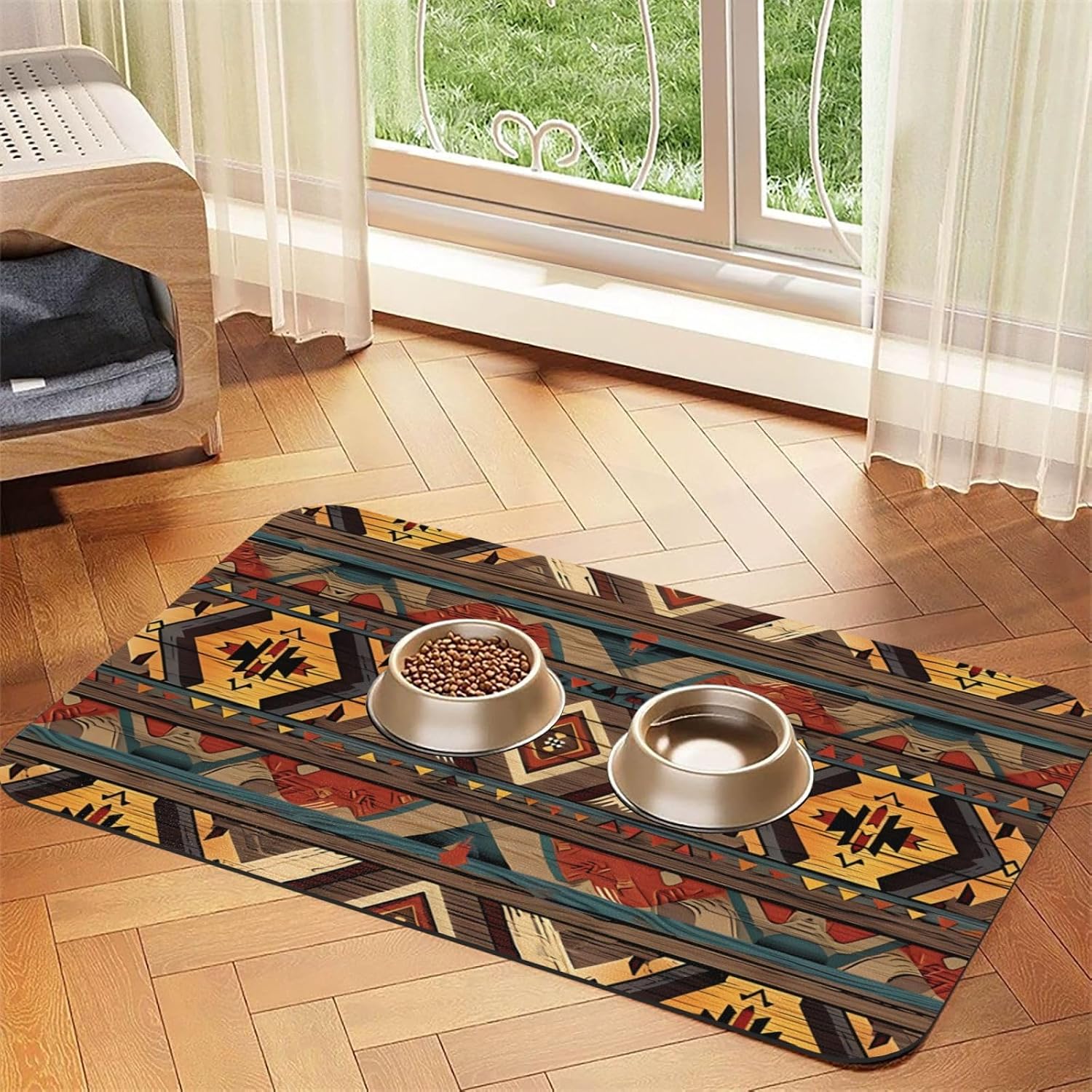 Aztec Faux Wood Tile Pattern Leather Absorbent Pet Feeding Mat Non-Slip for Dogs Cats 40x60cm