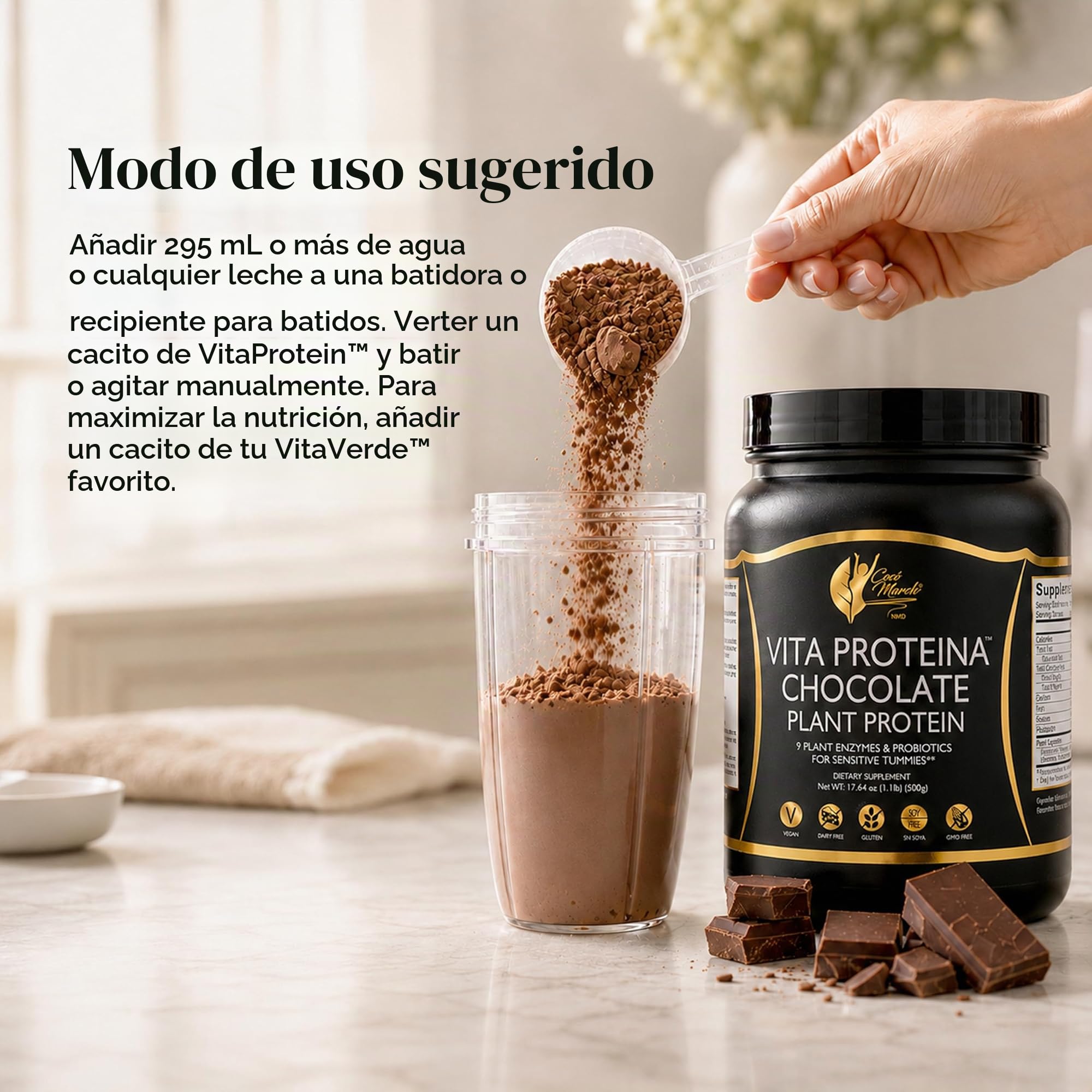 Cocó March N.M.D Vita Protein – Proteína Vegetal de Chocolate con Enzimas y Probióticos – 20 g por Ración – Sin Gluten, Sin Soja, Sin Lácteos, Sin OMG – Vegana – 500 g