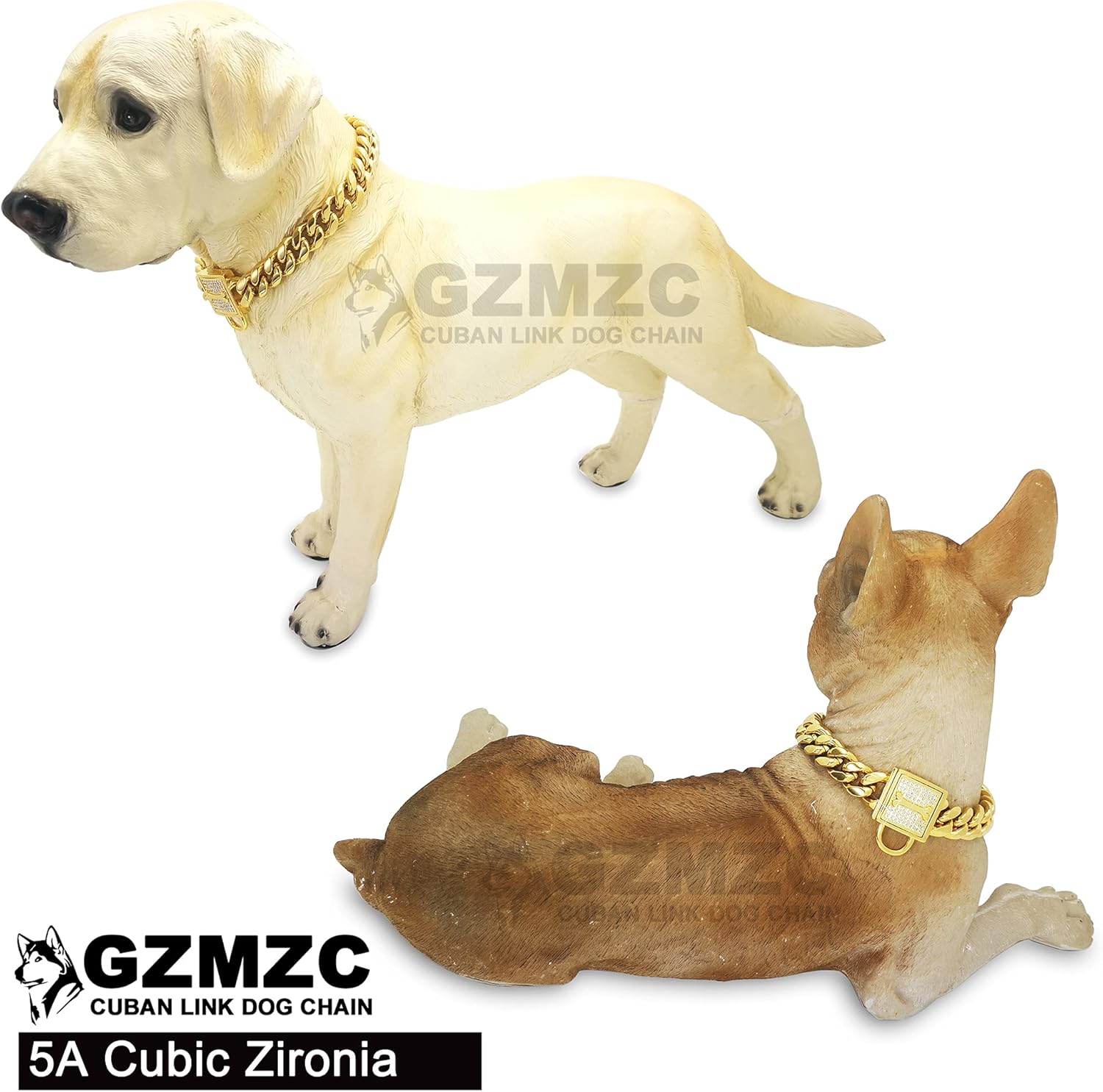 Dog Chain Collar 12mm Cubic Zirconia Lock with Miami Chian Stainless Steel 18K Gold Curb Chain, Dog Necklace Pet Dog Walking Collar (16 in)