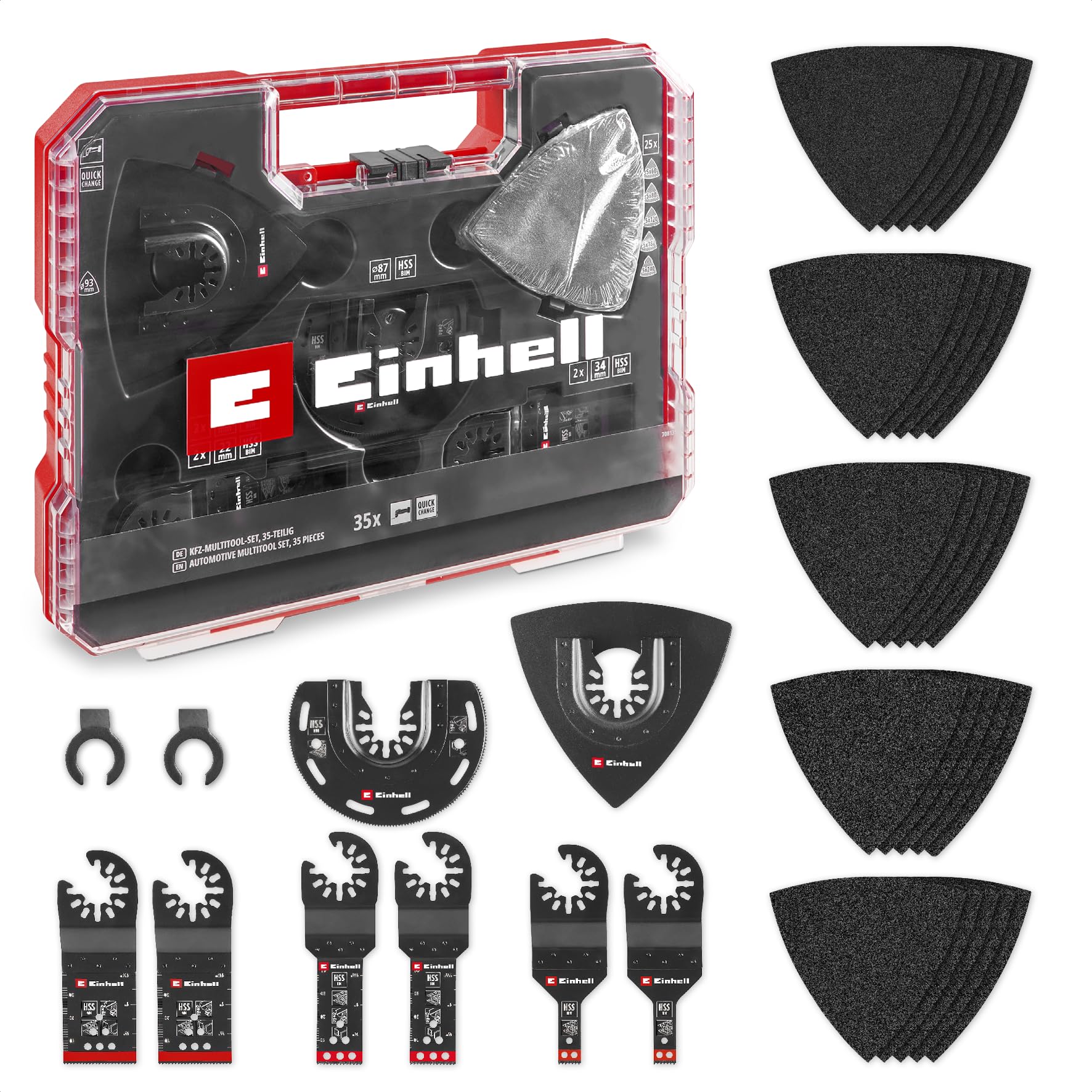 Original Einhell XL-PLUS-CASE 35-tlg. Multitool-Set für Holz ⟮CV-Tauchsägeblätter, HCS-Halbrund-Sägeblatt, Delta-Trägerplatte, Aluminiumoxid-Schleifpapier für Holz, Dremel-Adapter⟯