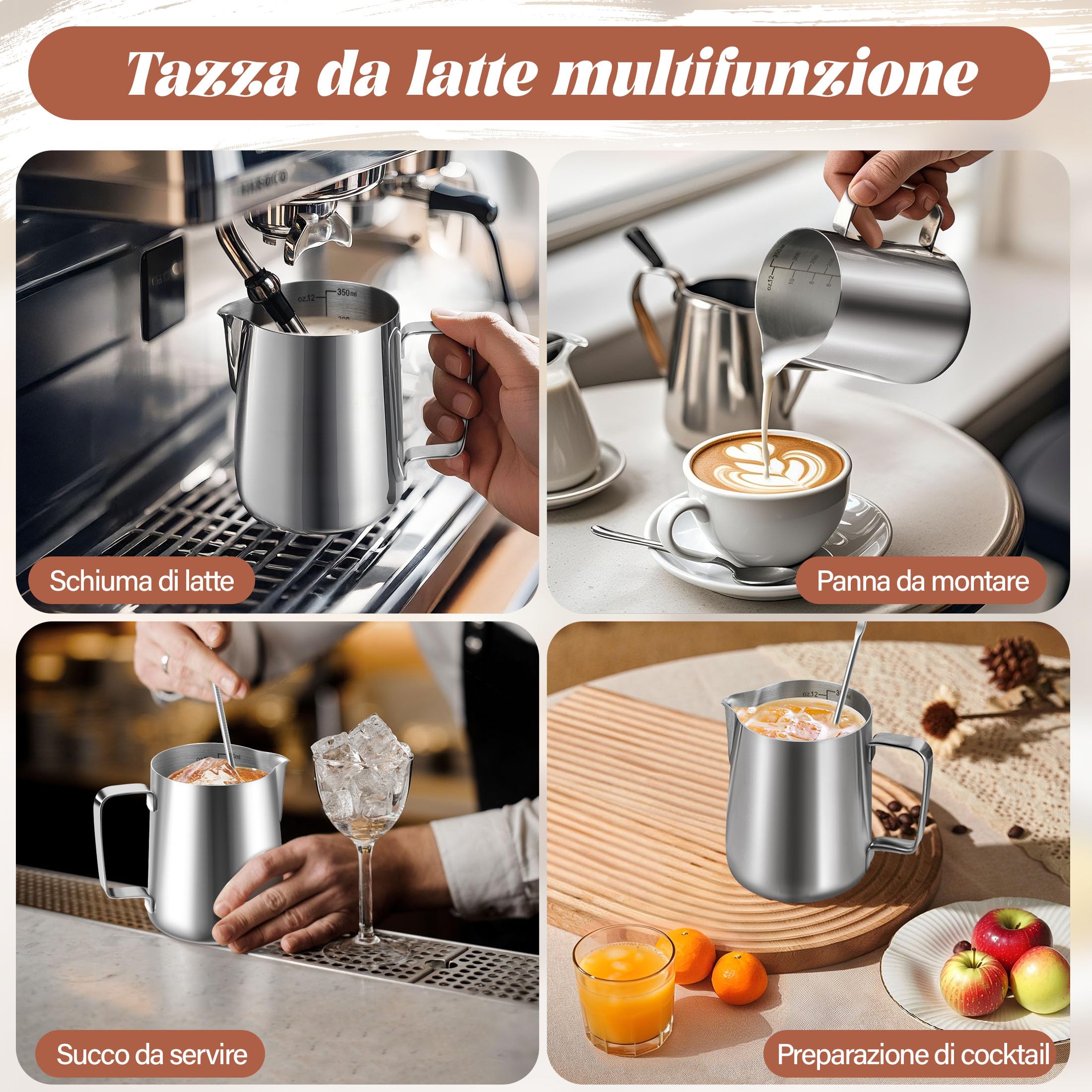 Dzbanek na mleko, 350 ml, ze stali nierdzewnej, z miarką, akcesoria barista, dzbanek na mleko do cappuccino, espresso, Latte Art, miłośników kawy, srebrny, 350 ml