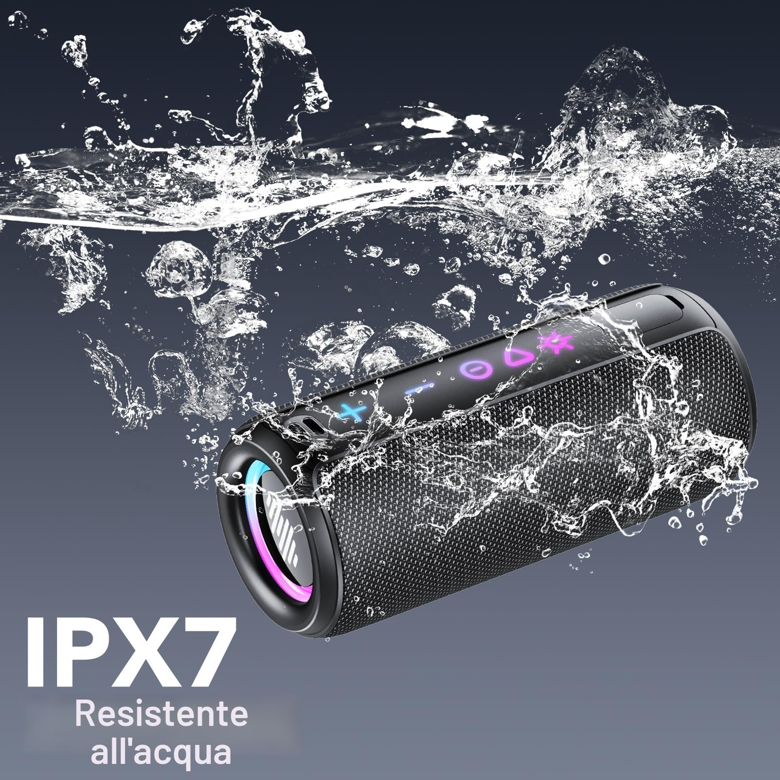 Cassa Bluetooth Portatile Potente, 25W Altoparlante Bluetooth 5.4 con 2 Modalità EQ, IPX7, TWS, 24H di Autonomia Speaker Bluetooth, 8 Modalità RGB, Cinghia da Trekking, Compatibile con PC, AUX, TF