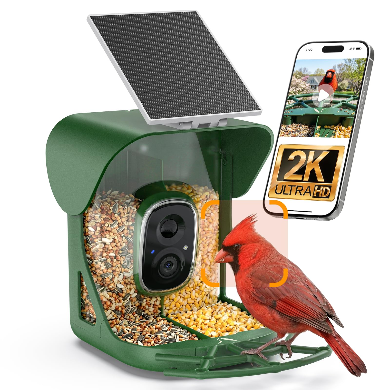 Photo 1 of Smart Bird Feeder with Camera, AI Identify Birds Species, 2K HD Color Night Vision, IP65 Waterproof Solar Powered Bird Feeder with 142° Wide Angle, Auto Capture & Real-time Notifications, Ideal Gift