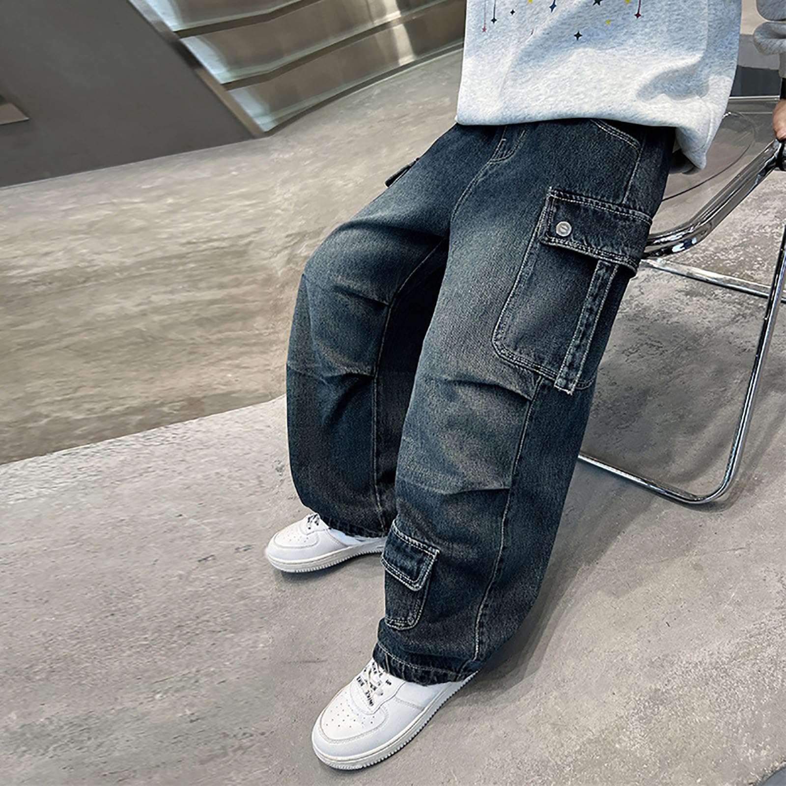 Pantalones Vaqueros Cargo de Pierna Ancha Holgados para Niños Denim con Efecto Lavado Desgastado Multibolsillos Laterales Amplios Urbana Juvenil Paseos y Reuniones Infantiles Disponible en Tallas