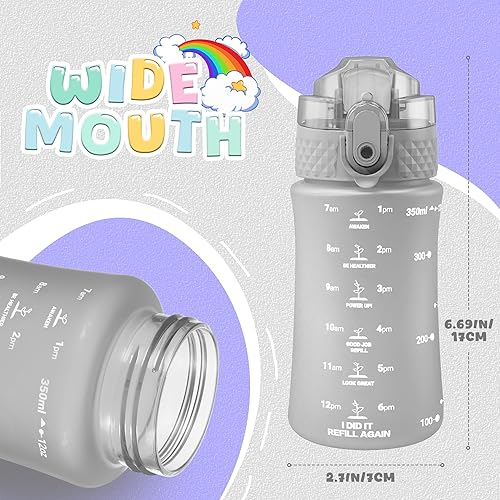 Miniatura 6 de Botella de agua de 12oz para niñosniñas pequeños, sin BPA, con marcador de tiempo que motiva a beber, 2 tapas de popoteboquilla, abre con un solo