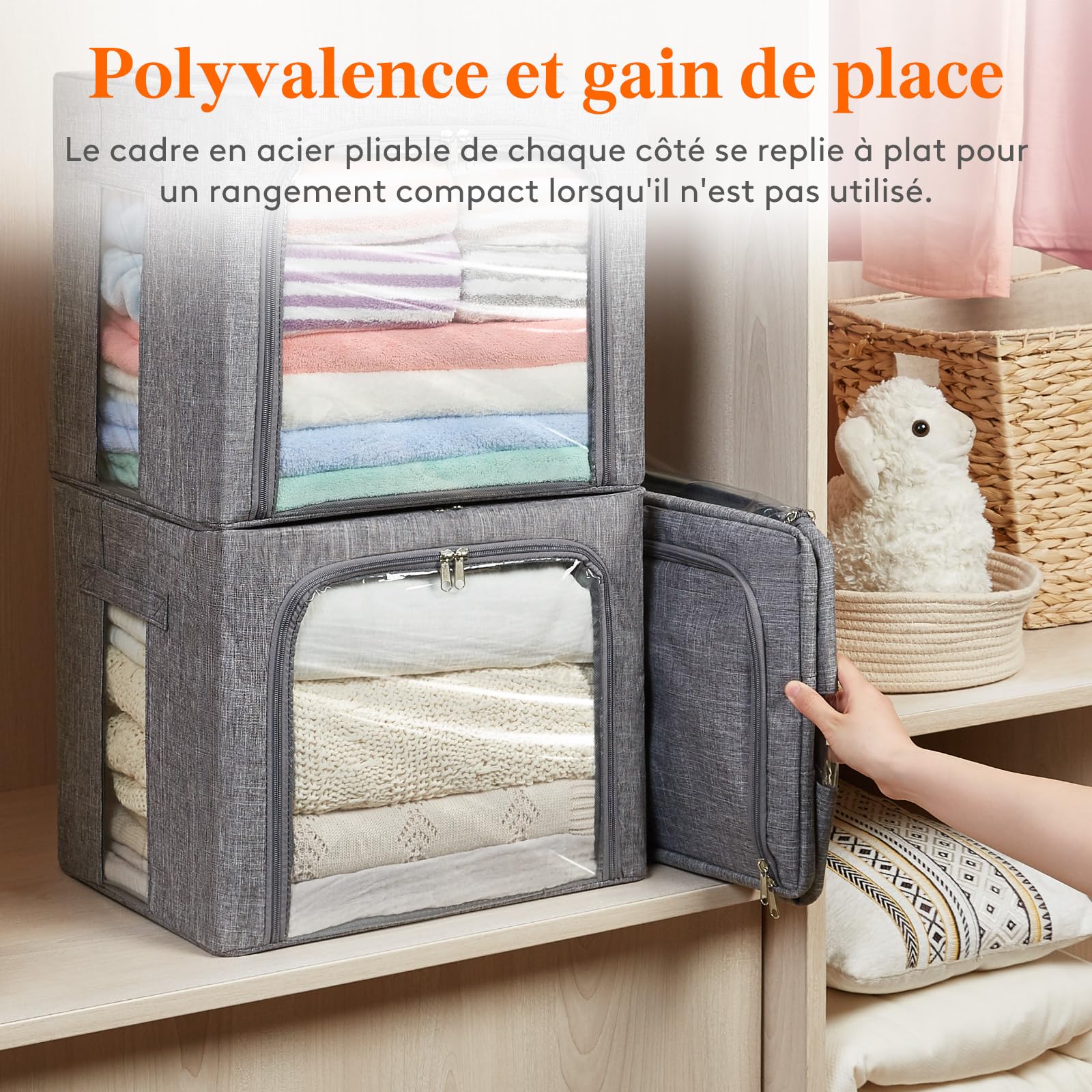 Lifewit Sac de Rangement Robuste avec Cadre en Métal, Boite Rangement Vetement Pliable, Organisateur Placard, Housse Rangement, Caisse avec Couvercle pour Couvertures, Gris Clair, 40 L, Lot de 3