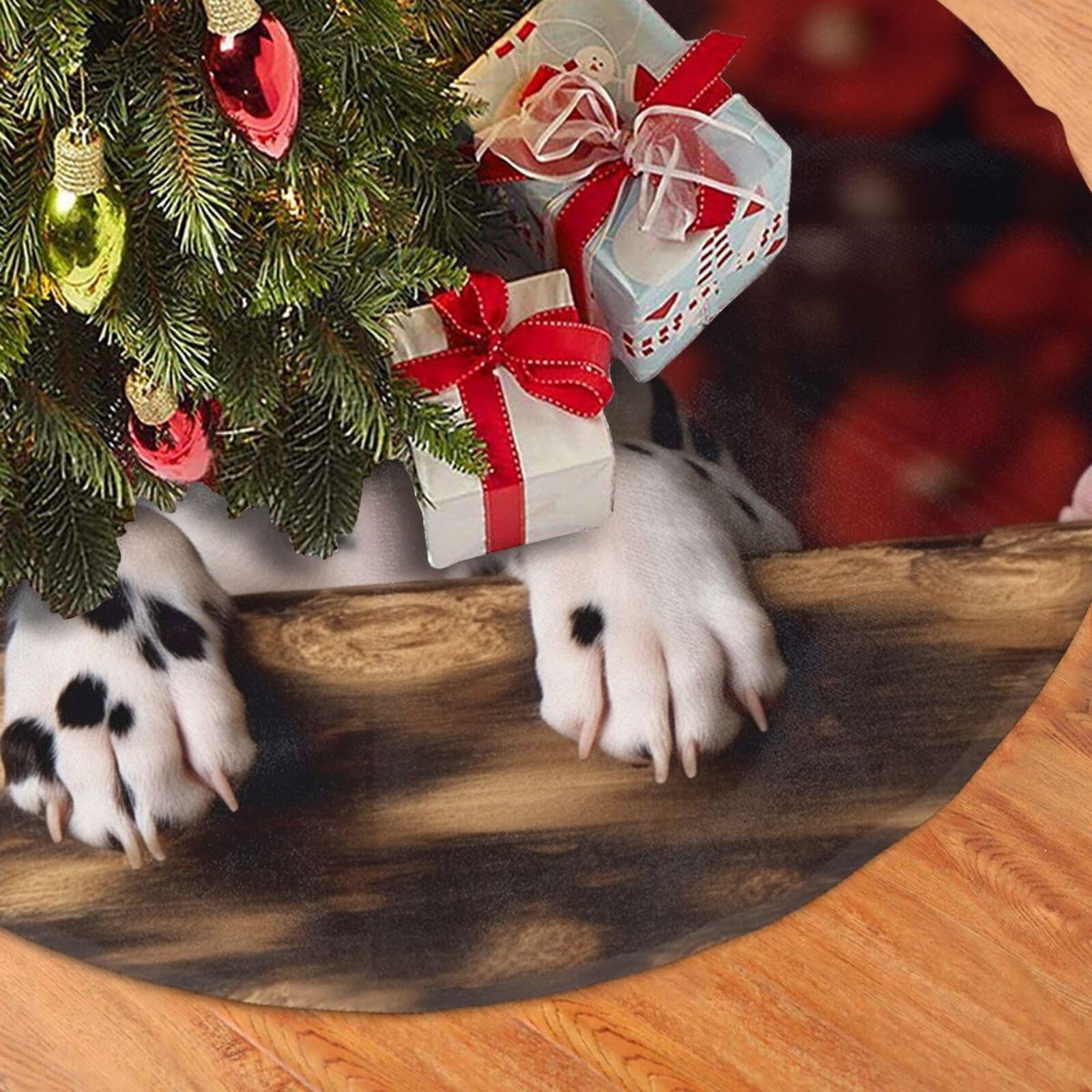 Fodpand Black Dalmatian Puppy Christmas Tree Skirt 48" Velvet Xmas Tree Skirt Mat Rustic Christmas Tree Mat Cover Winter Xmas Tree Collar For Indoor Outdoor Christmas Decorations