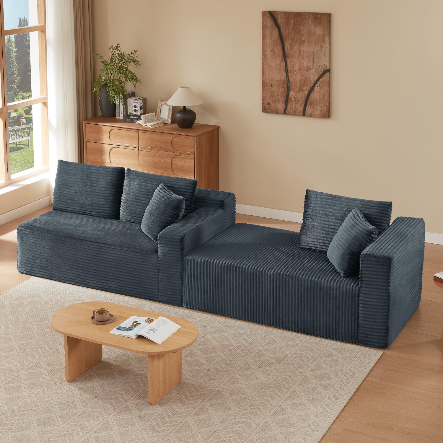 Sofá esquinero en forma de L de 4 plazas, sofá modular de pana con taburete, cómodo sofá de salón con 2-6 almohadas, ahorra espacio para salón y apartamentos, 256 x 134 cm (gris-izquierda)