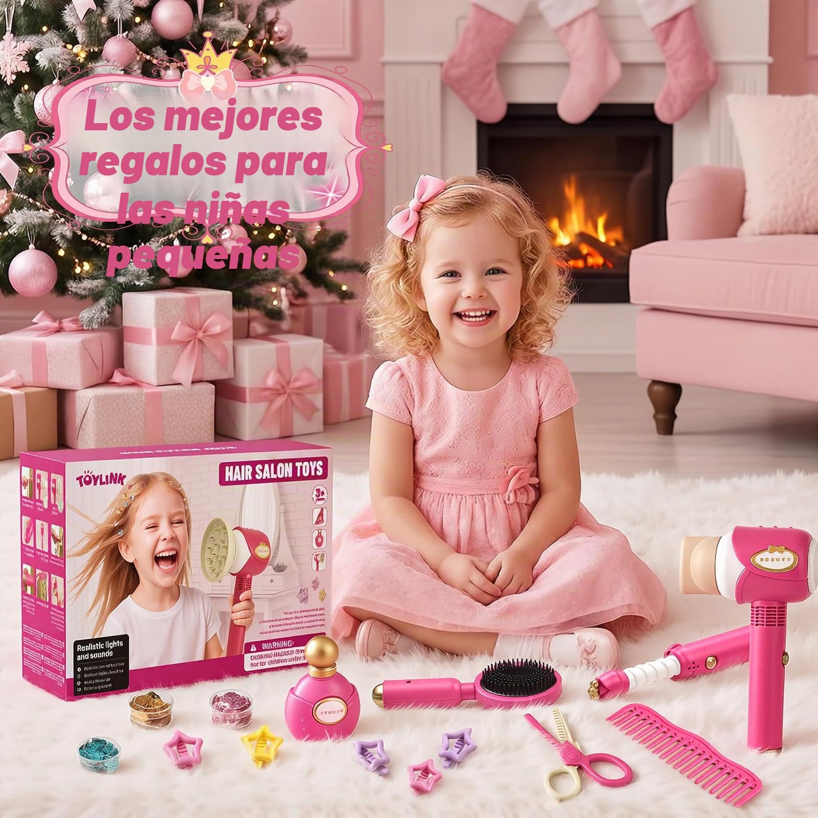 Set Peluquería Juguete Niña 3 -8 Años, con Secador de Pelo, Plancha, Rizador, Peine,Tijeras, Trenzado, Maquillaje Salón de Belleza Juguetes Juegos de Simulación Regalo para Niña 3 4 5 6 7 8 Años