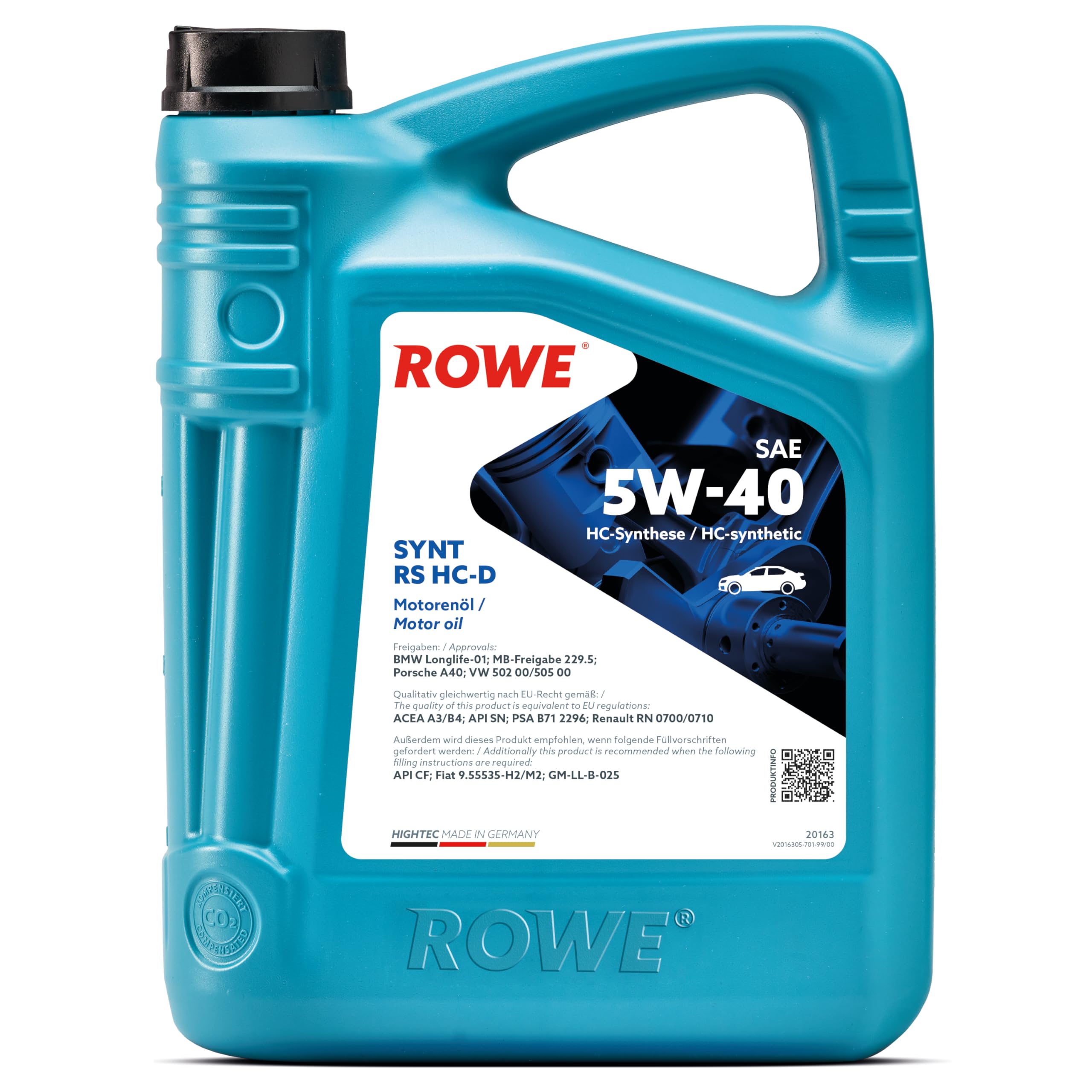 ROWE Aceite de motor 5W-40 HIGHTEC Aceite sintético HC (Hydro Cracked) aceite ACEA A3/B4 API SN API CF SYNT RS HC-D 5L Compatible con VW Polo V Hatchback 6R1, 6C1 Golf 7 Hatchback 5G1, BQ1, BE1, BE2 | Aceite de motor de síntesis HC para automóviles con mo