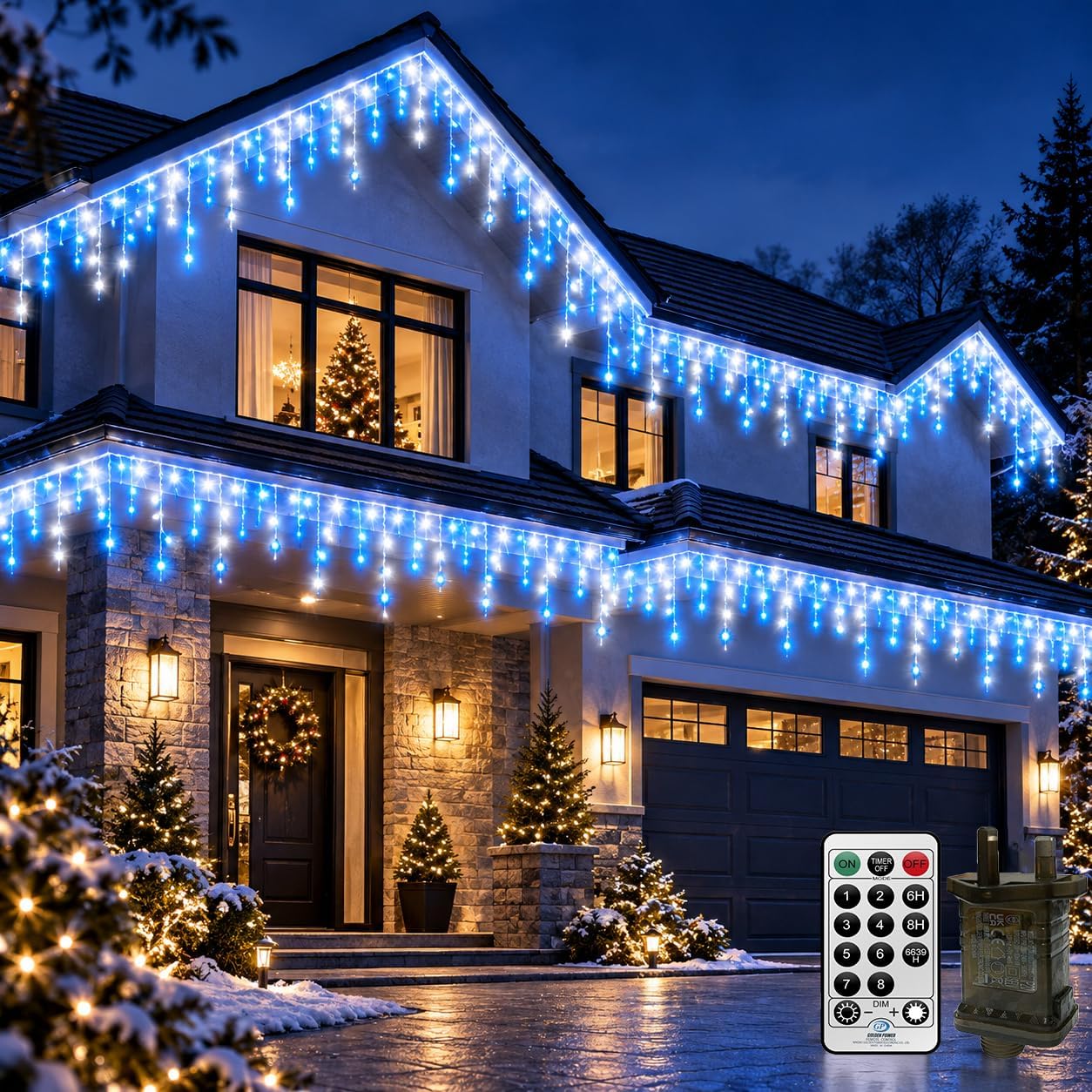 CORST 10M Outdoor Curtain Light Plug in, Window Curtain Fairy Lights,Long Hanging Outside Ice Lights, 400LEDs Connectable with Remote Timer for Roof,Eaves,Gazebo,Mum Gift(Blue+White)
