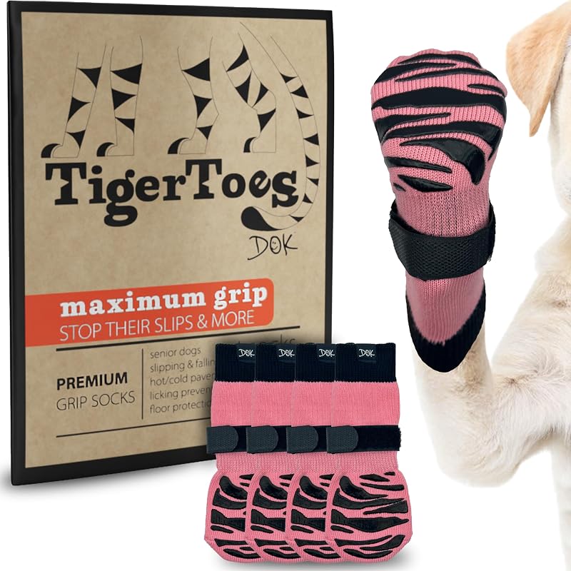 Protetores de patas para cães com grip antiderrapante DOK TigerToes, Sassy Pink, Medium, pacote com 4