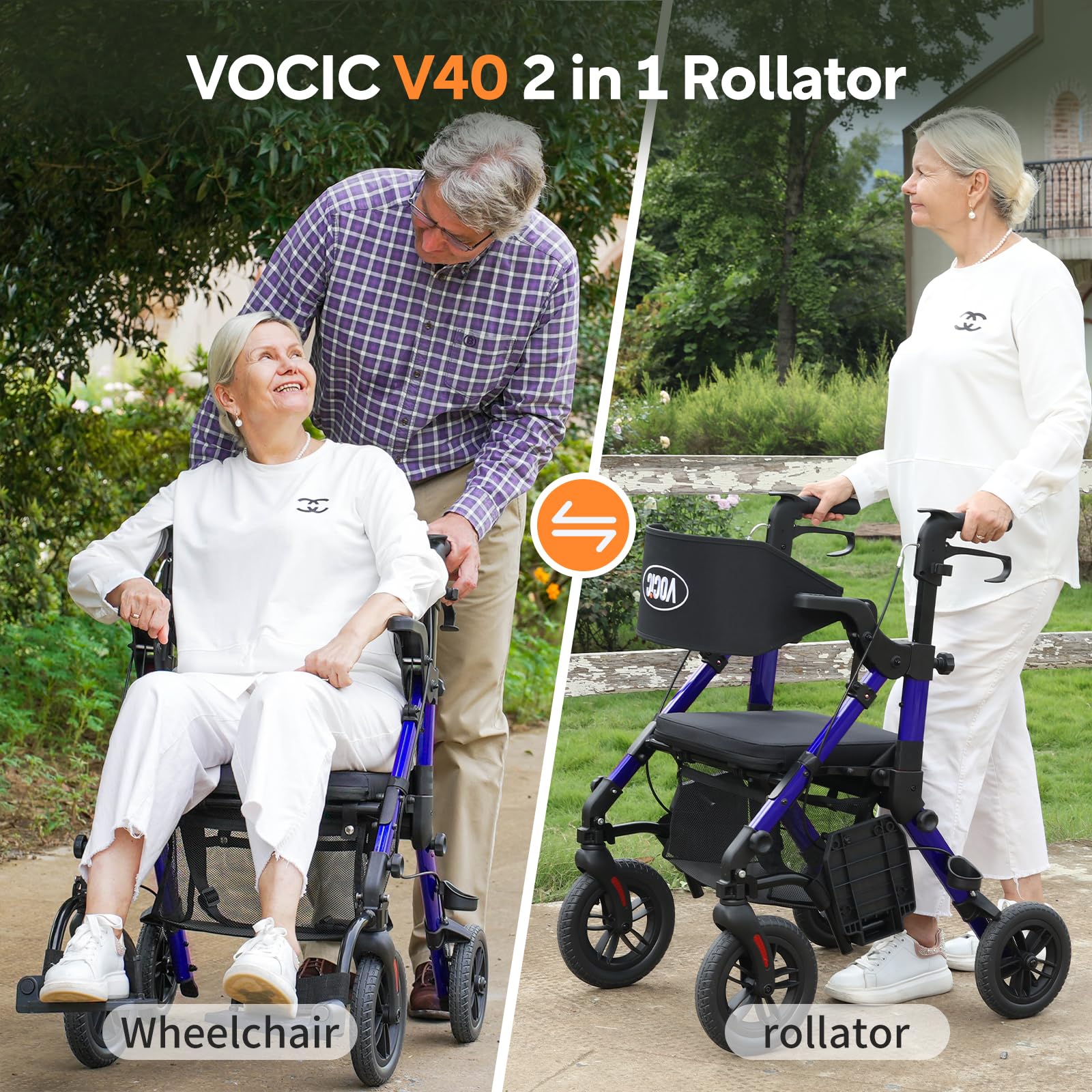 VOCIC Andador Silla de rueda 2 en 1 Andadore para anciano mayores con asiento,Silla transporte Andador plegable ligero, Aluminio ajustable en altura para exteriores y viajes, Azul(5 años de garantía)