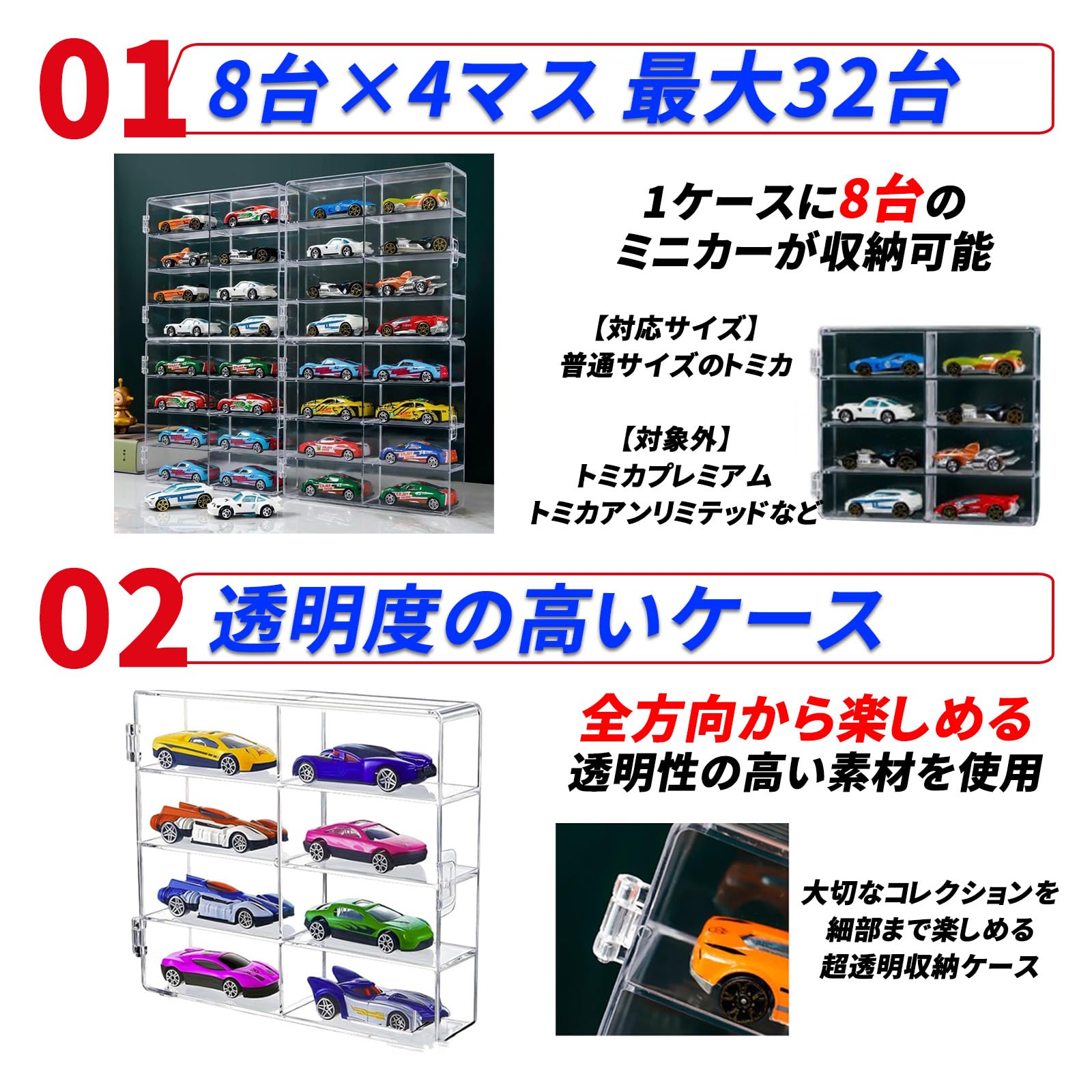 Amazon.co.jp: ミニカーケース 32台収納 1/64 コレクションケース 透明