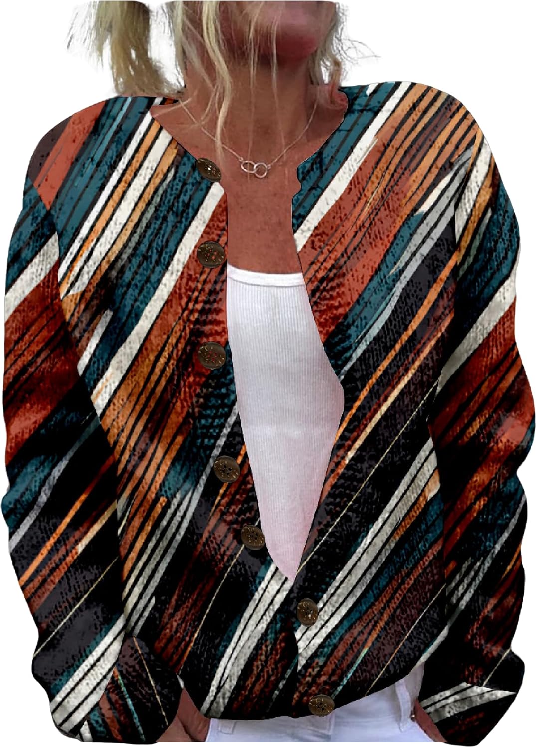 Striped Sweater Women Western Aztec Print Cardigan Button Up Cropped Knitted Oversized Fashion Open Front Blouses