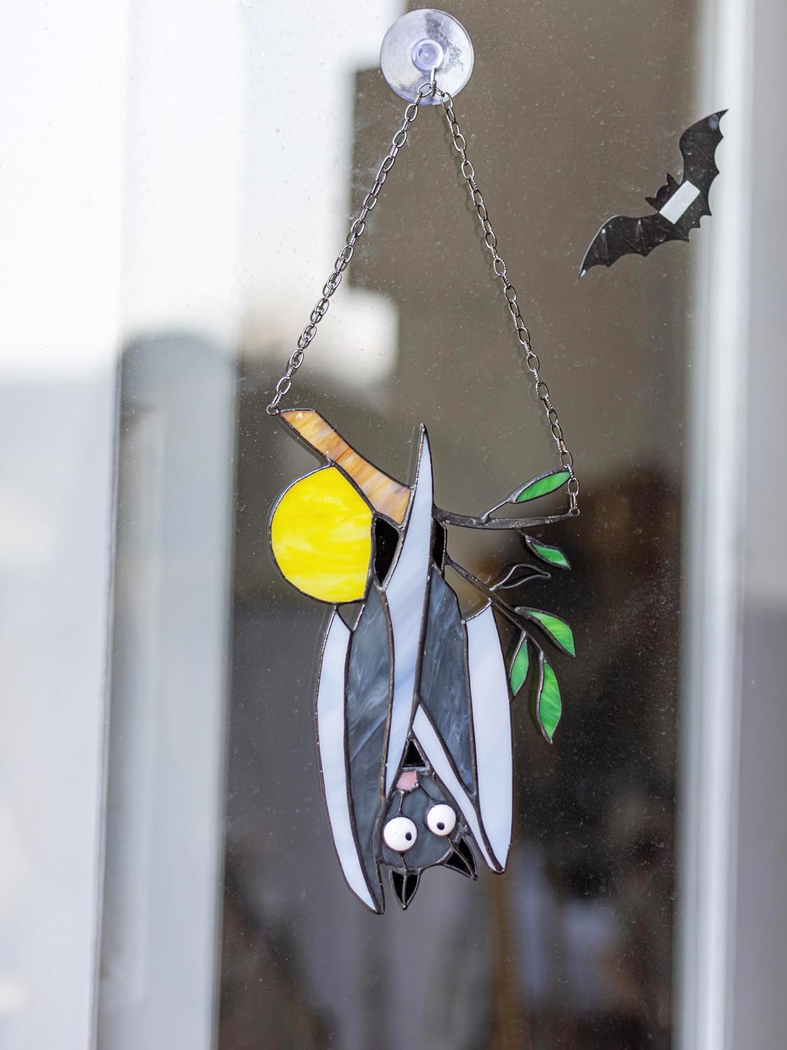 Halloween Glass Bat and Moon Stained Glass Sun Catcher. Gothic Tree Design Perfect for Home or Garden Decor. Dark-Themed Ornament for Window Wall Hanging. Gothic Housewarming Gift