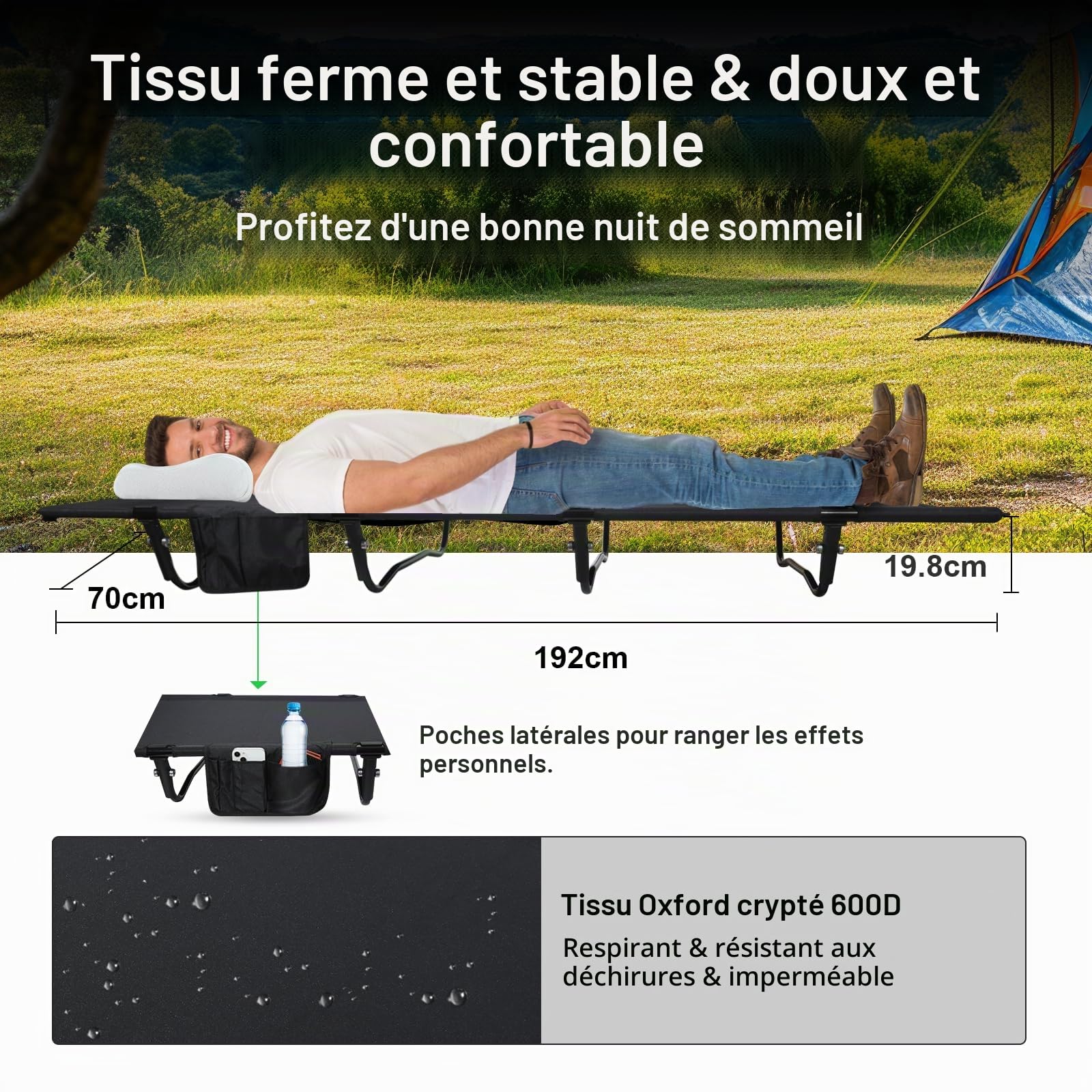 Lit de Camp Ultraléger, Lit Camping 4 Pieds Supporte 160KG | Pliable Portable, Facile à Installer, pour Le Camping, Les Voyages en Plein Air, la Randonnée, la Maison, L'alpinisme, Noir